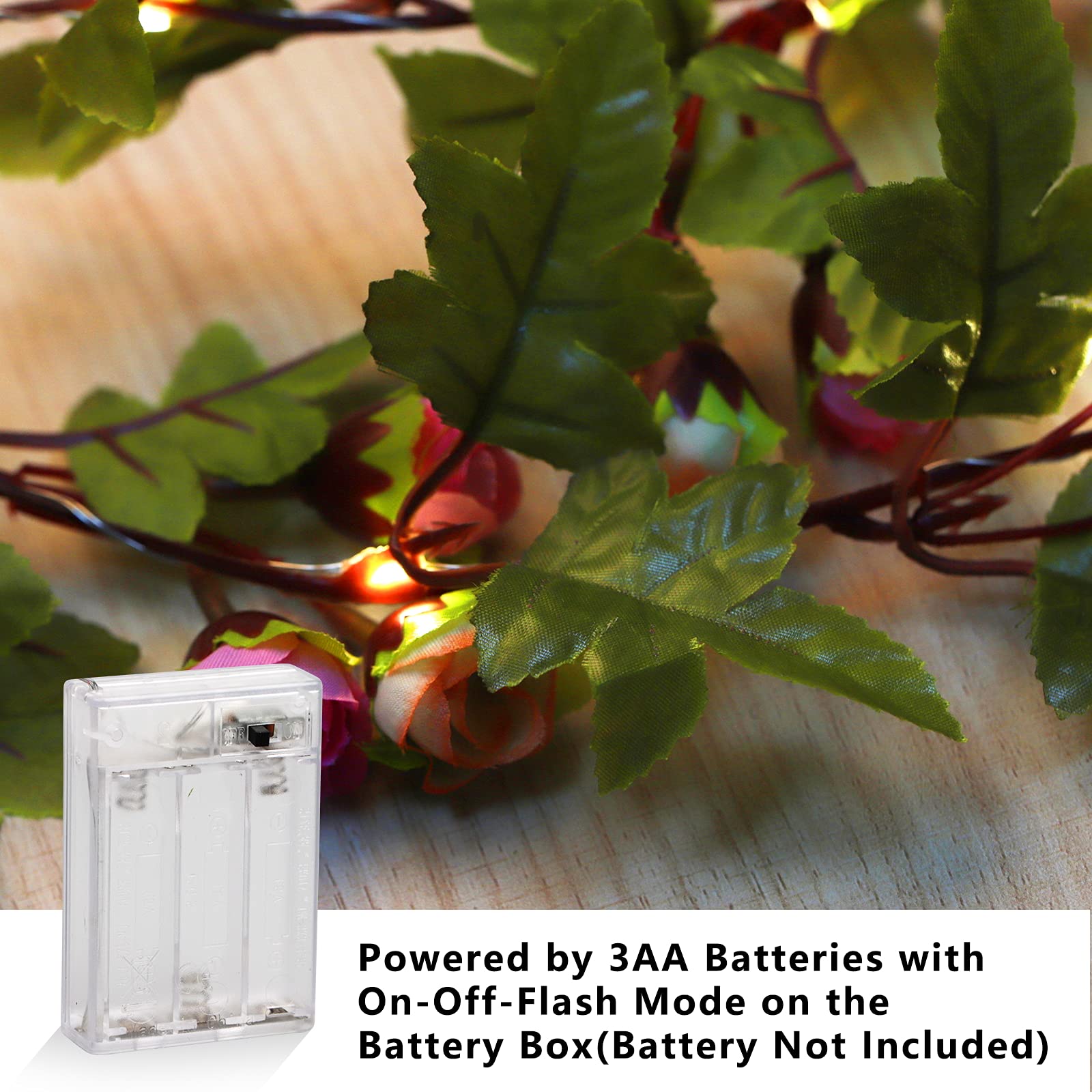 20 LED Artificial Rose Flower Vine String Lights - 2 Meter (6 ft) Battery Operated Rose Ivy Garland Fairy Lights for Wedding, Birthday, Garden Party Decor | Romantic Home, Bedroom, Patio Lighting Decorations