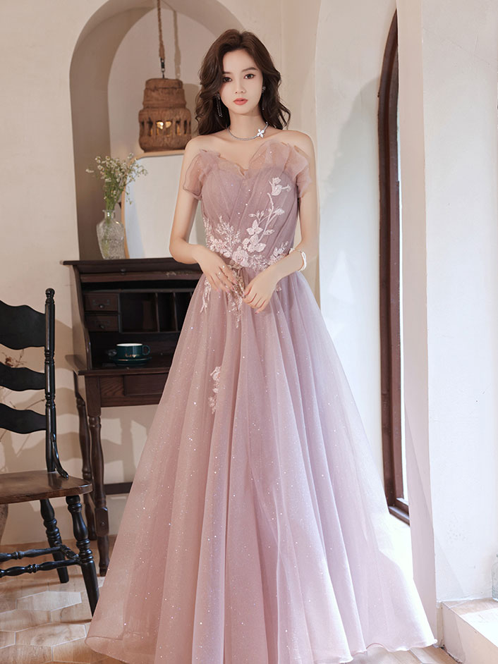 Elegant Pink A-Line Tulle Lace Applique Long Prom Dress for Women - Formal Evening Gown for Homecoming, Wedding, Party & Special Occasions