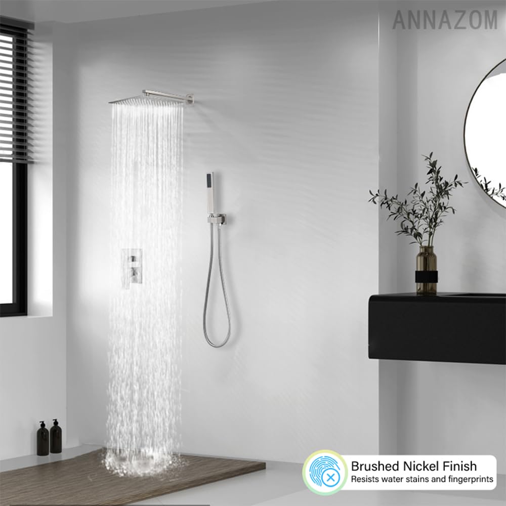 Luxury Brushed Nickel Rain Shower Combo Set - Wall Mounted Rainfall Shower Head System with Faucet, Rough-in Valve & Trim Kit | Perfect for Modern Bathroom Renovation & Spa-like Shower Experience