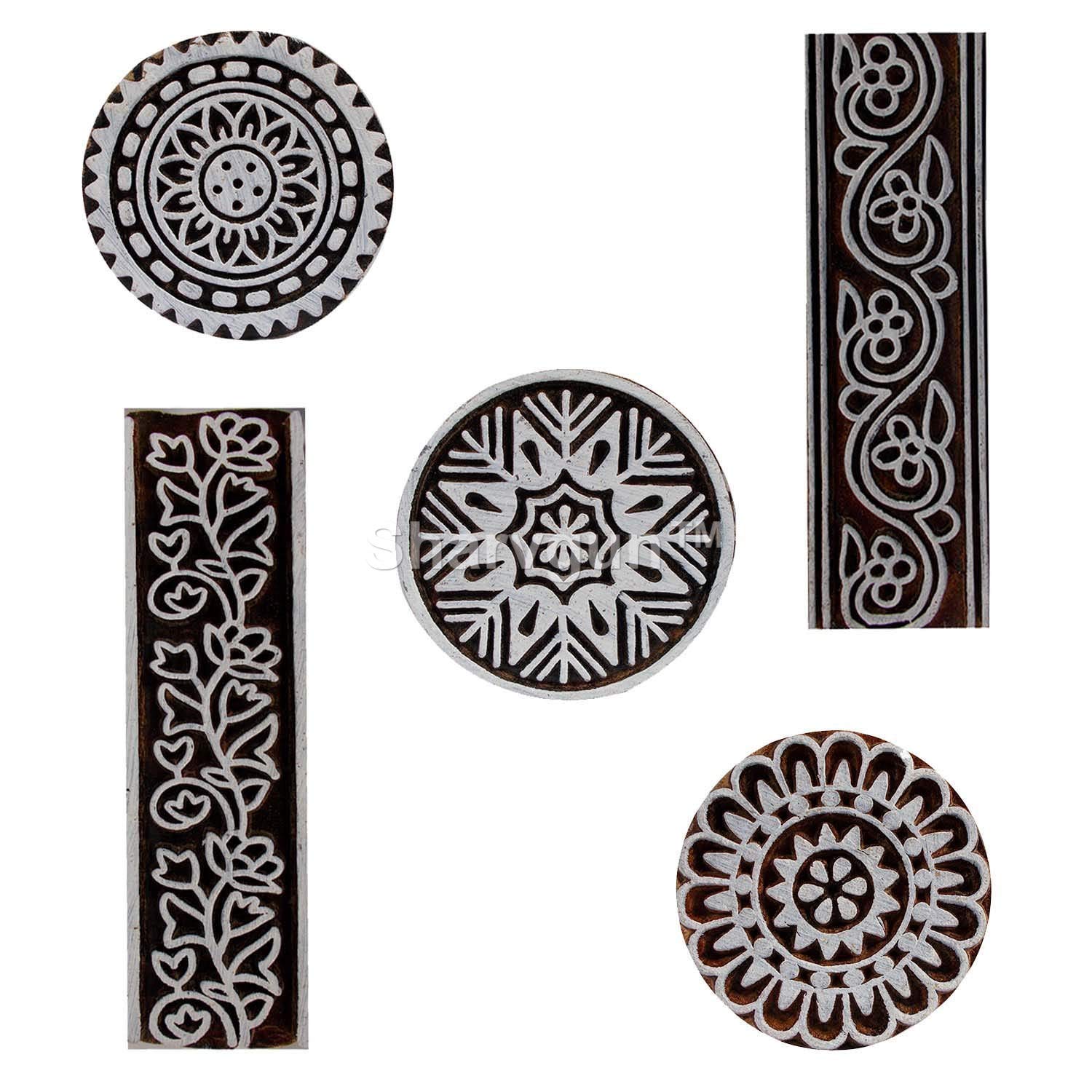 5-Piece Floral Border Wooden Printing Blocks Set for Textile, Clay, Pottery, Henna & Scrapbooking - DIY Craft Stamps for Fabric, Paper & Home Decor Projects