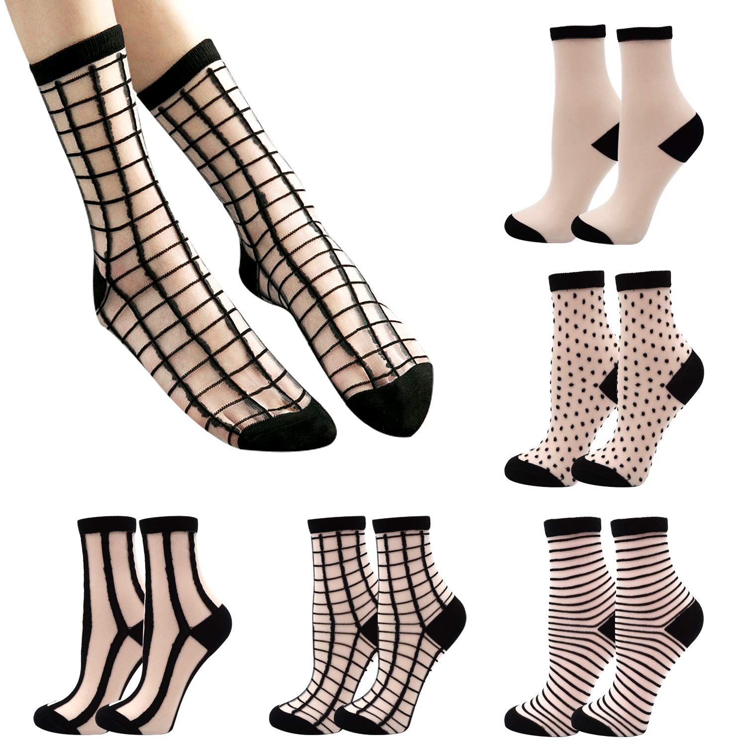 Bienvenu Women's Sheer Lace Fishnet Mesh Nylon Ankle Socks - 5 Pairs Pack, Breathable Thin Socks for Casual Wear, Date Night & Special Occasions