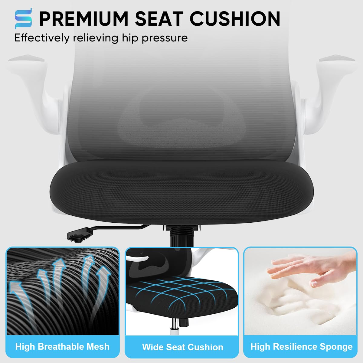 Ergonomic Office Chair with Flip-Up Arms & Lumbar Support - Breathable Mesh Desk Chair with Padded Seat for Home & Office Workspace (White) - Perfect for Long Hours of Computer Work, Gaming, and Remote Working