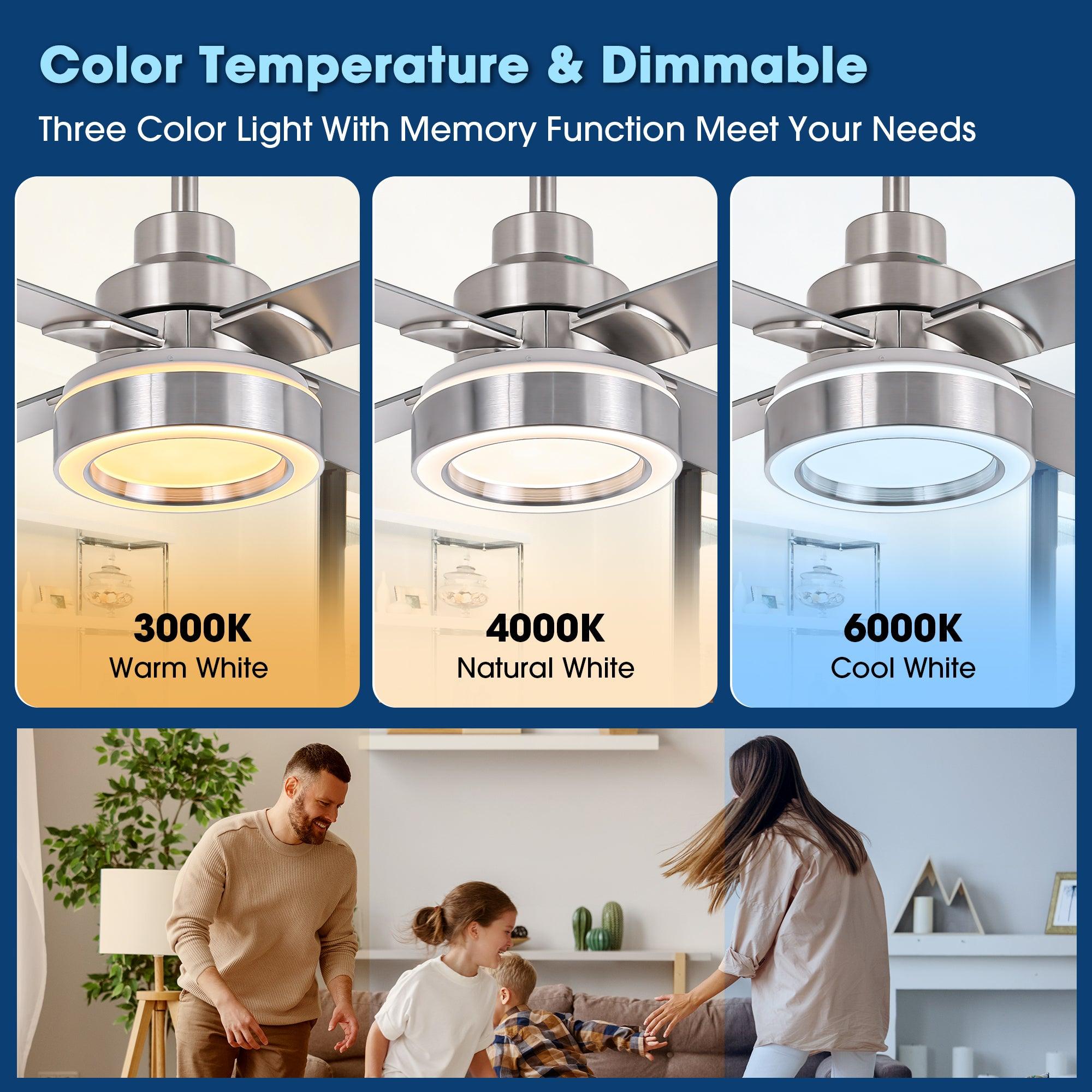 Vaczon 52 Inch Ceiling Fan with LED Light and Remote Control - Quiet DC Motor, Energy Efficient, Flush Mount for Bedroom, Living Room, and Office