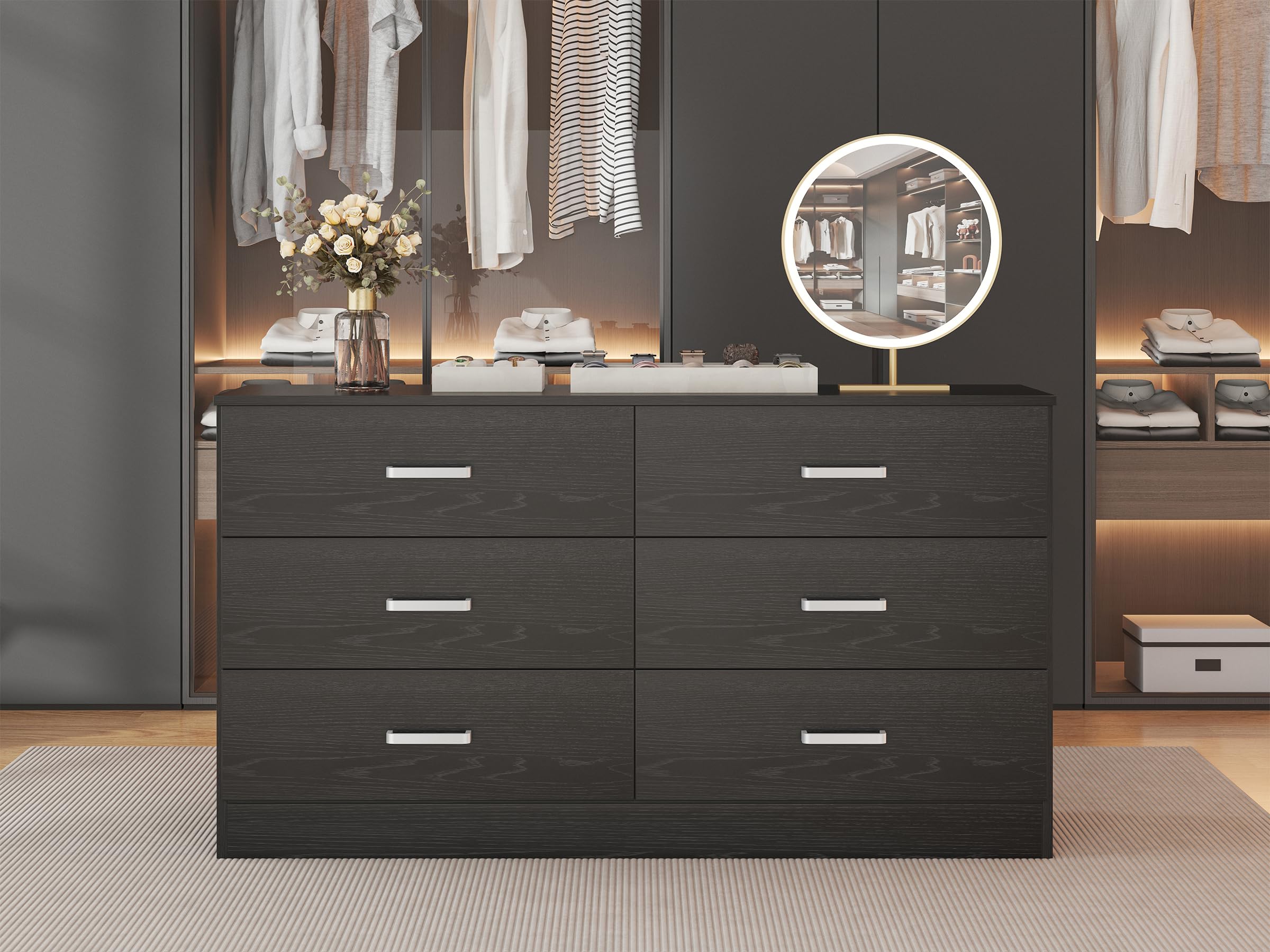 Bigbiglife 6-Drawer Wooden Dresser for Bedroom - Modern Double Dresser with Deep Storage Drawers, Large Chest of Drawers Organizer for Clothes, Bedding & Accessories - Perfect for Living Room, Closet or Nursery (Black, 15.8