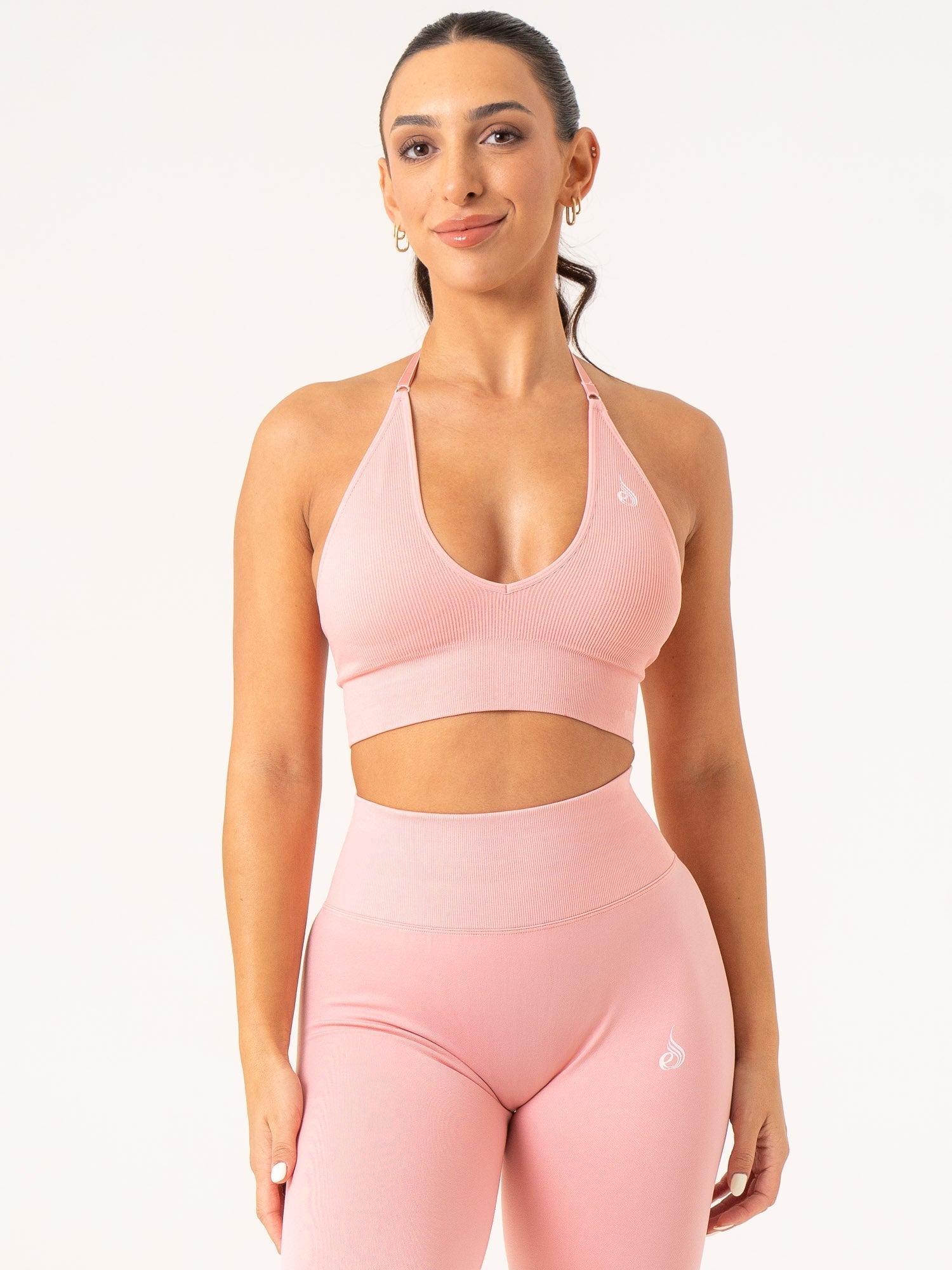 Lift Rib Seamless Halter Sports Bra for Women - Comfortable Workout Top, Breathable Yoga Bra in Pink - Perfect for Running, Gym & Activewear