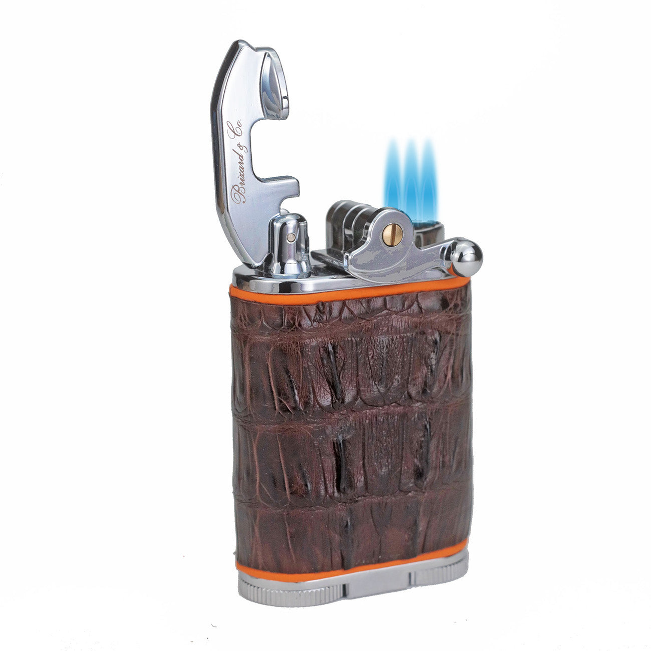 Brizard & Co. Gatsby Genuine Tobacco Caiman & Orange Triple Torch Flame Table Lighter - Premium Cigar & Pipe Accessory for Home, Office & Smoking Lounge