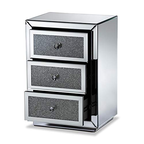 BOWERY HILL Contemporary Glam Mirrored 3-Drawer Nightstand - Luxe Bedroom Furniture for Modern Home Decor, Perfect for Bedside Storage and Stylish Interior Design