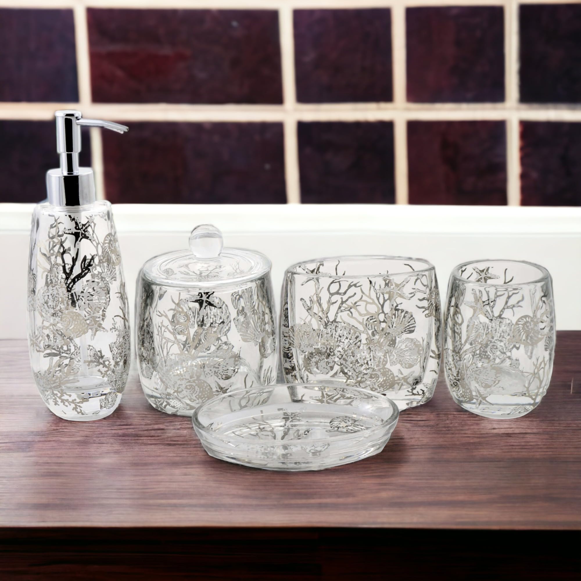 5-Piece Glass Bathroom Accessories Set with Antler Design - Nature Inspired Home Decor for Bathroom, Spa, and Cabin Style Decorating