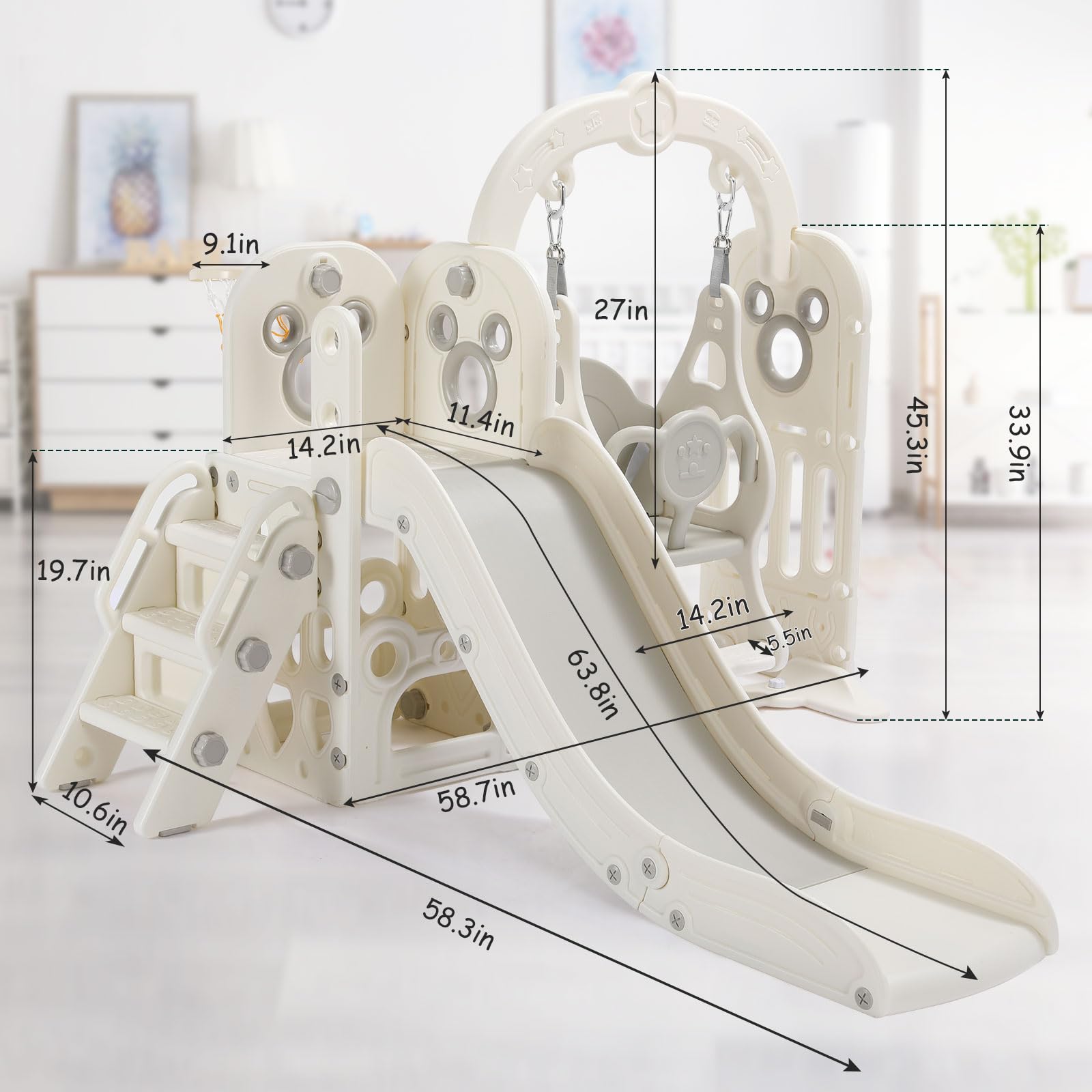 MAMIZO 6-in-1 Toddler Slide and Swing Set for Kids - Indoor/Outdoor Playground with Climber, Basketball Hoop, Storage & Reinforced Suction Cups - Perfect for Backyard, Playroom or Daycare Fun (White)