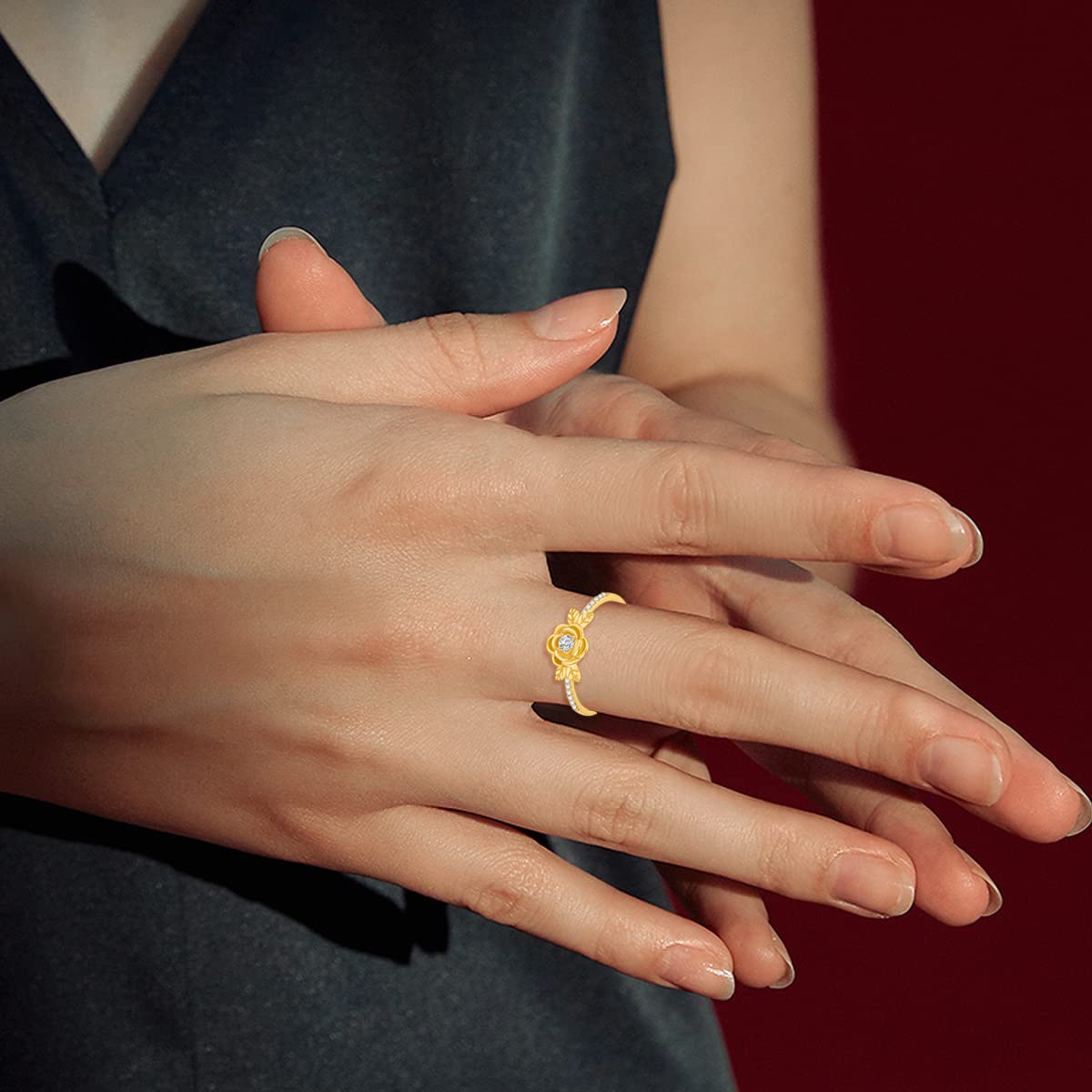14K Real Gold Rose Flower Ring for Women - Yellow Gold Natural Diamond Engagement Ring, Wedding Band, Anniversary & Birthday Gift for Her - Perfect for Proposals, Weddings, and Special Occasions