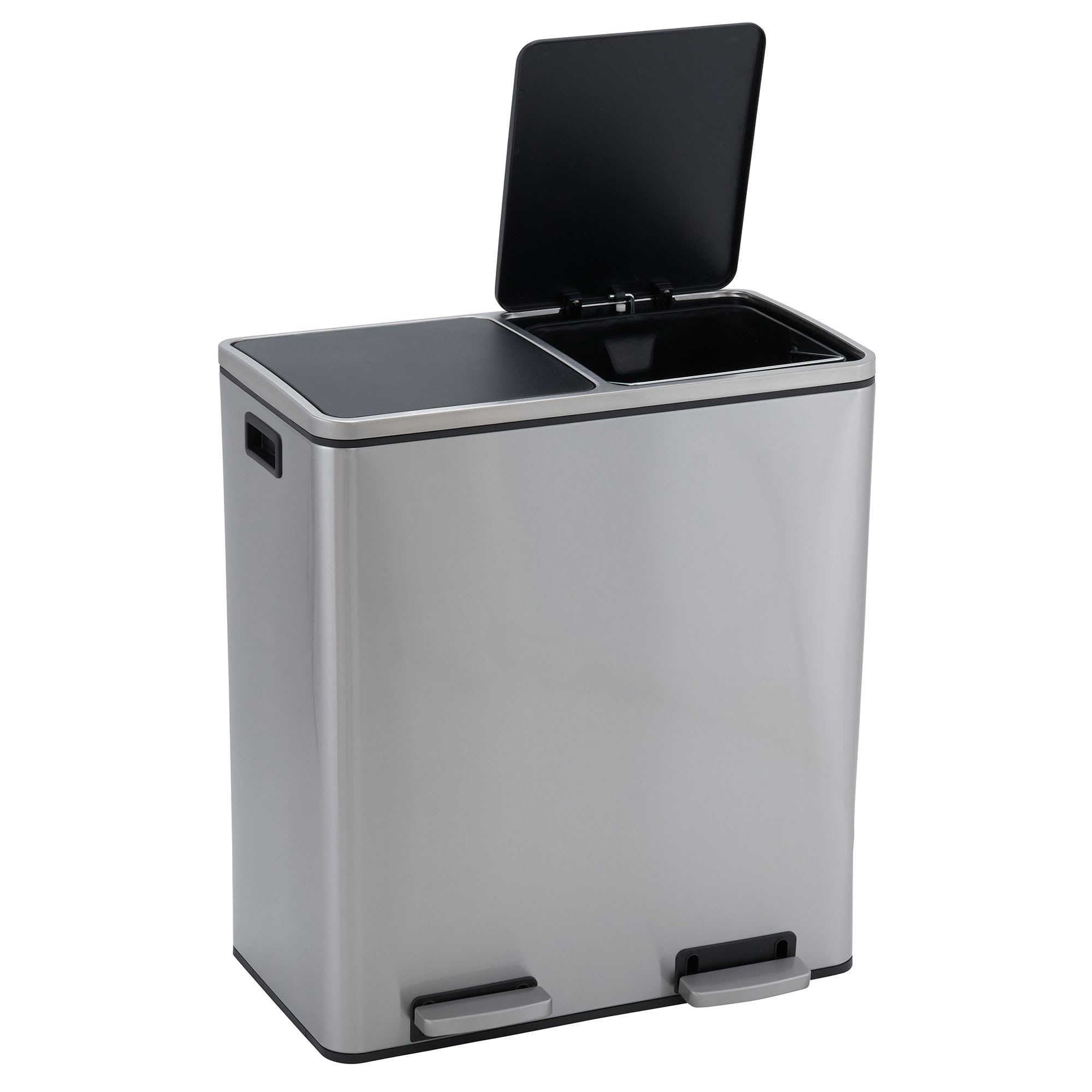 Stainless Steel Dual Compartment Trash Can with Soft Close Lids | 2 x 30L/8Gallon Recycling Bins, 60L Total Capacity, Silver | Perfect for Kitchen, Office, Restaurant Waste Separation