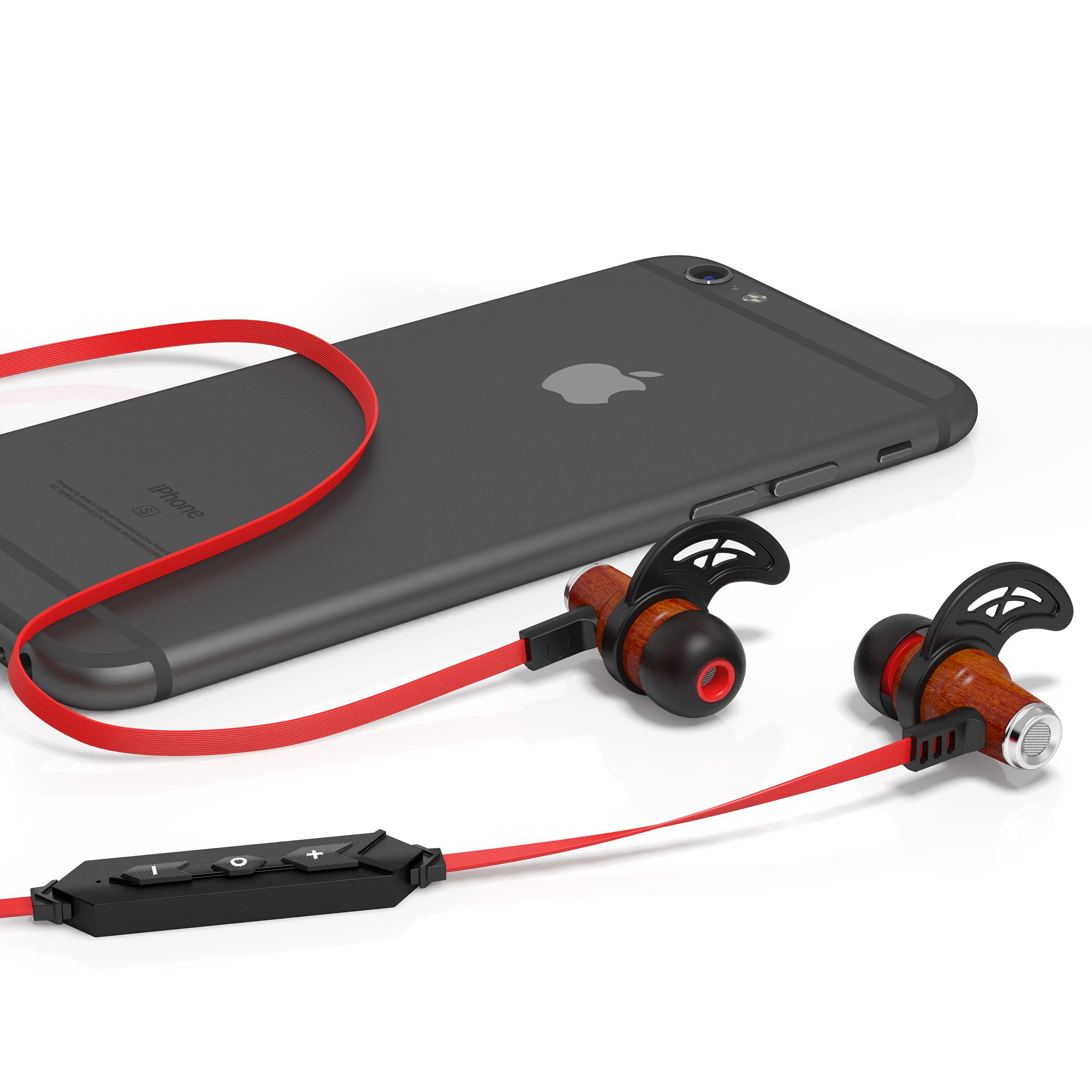 Symphonized NRG Bluetooth Wireless Wooden In-Ear Noise-Isolating Headphones with Mic & Volume Control - Premium Earbuds for Commuting, Workouts & Travel (Red)