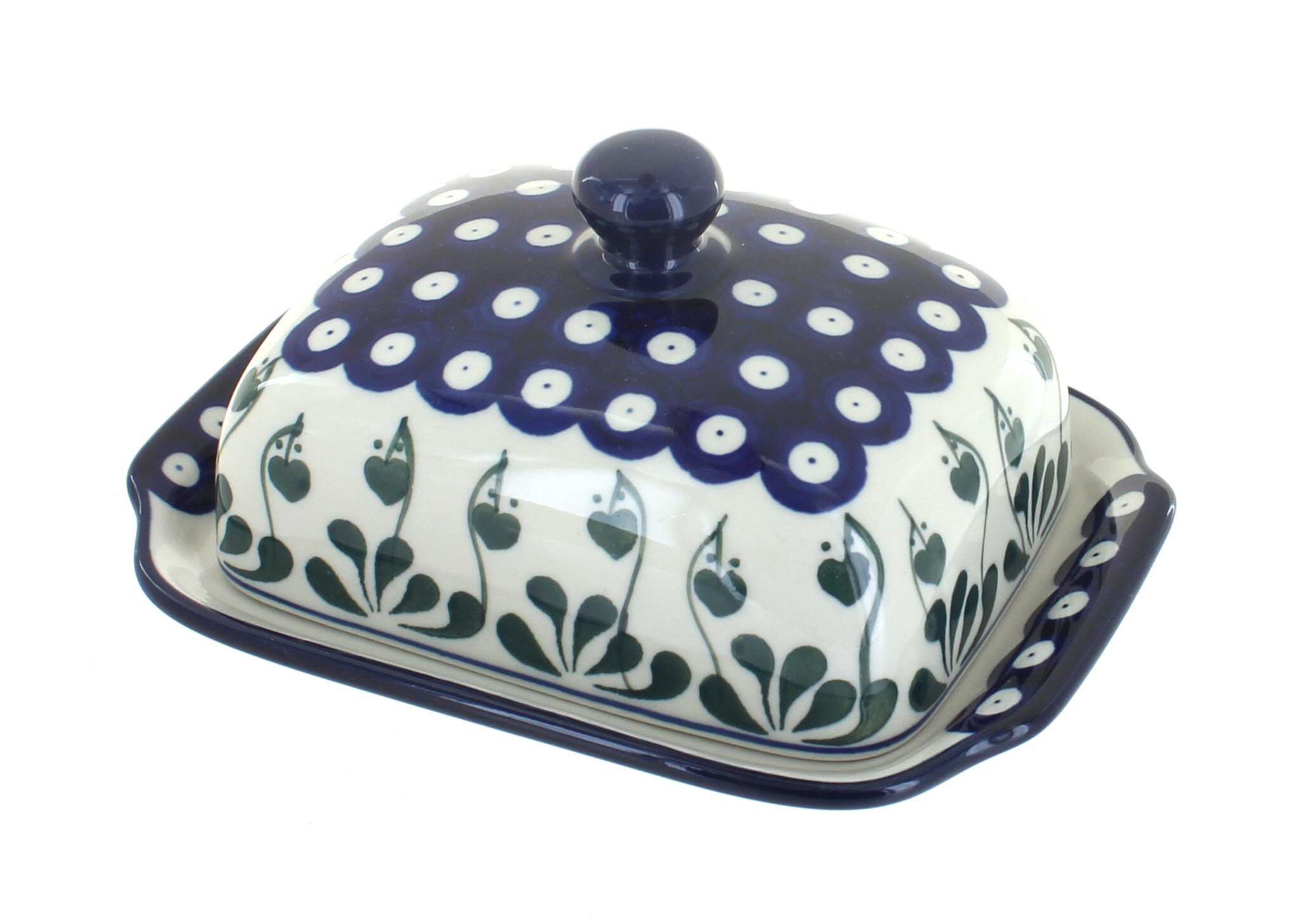 Handmade Blue Rose Polish Pottery Alyce Butter Dish - Elegant Ceramic Butter Keeper for Dining Table, Kitchen Decor, and Gift Giving