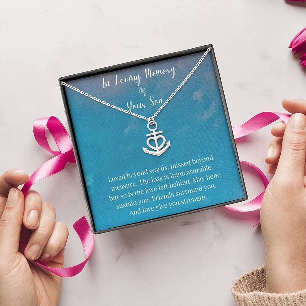 **Handmade Personalized Heart Anchor Necklace - Memorial Jewelry for Loss of a Son, In Loving Memory Gift, Custom Sizes in White & Gold - Perfect for Condolence, Grief Remembrance & Special Occasions**