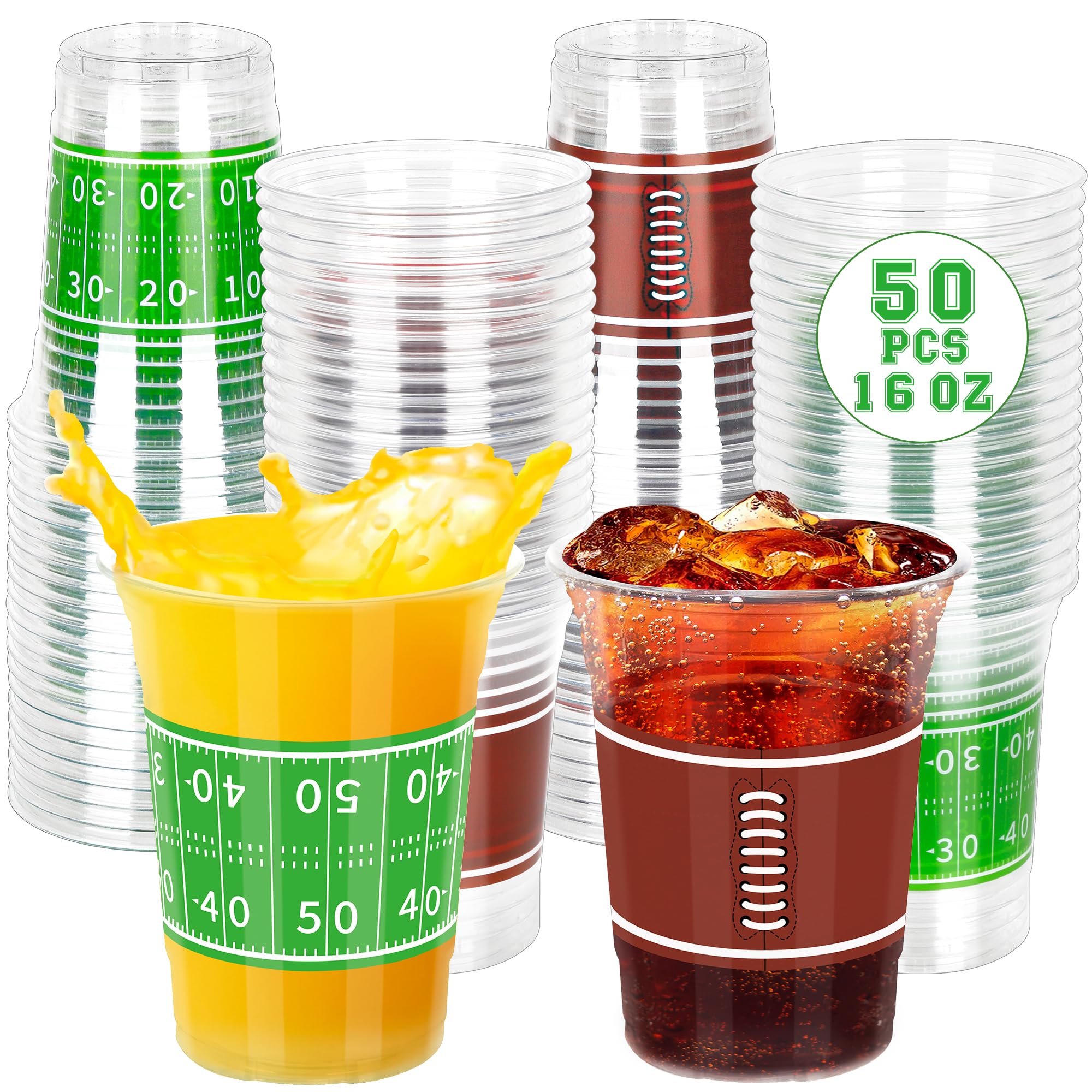 50 PCS 16oz Football Party Cups - Thickened Plastic Drinking Cups, Disposable Clear Football-Themed Cups in 2 Designs for Football Game Day, Tailgating, Super Bowl Party Supplies & Decorations - Perfect for Sports Bars, Home Gatherings & Touchdown Celebrations