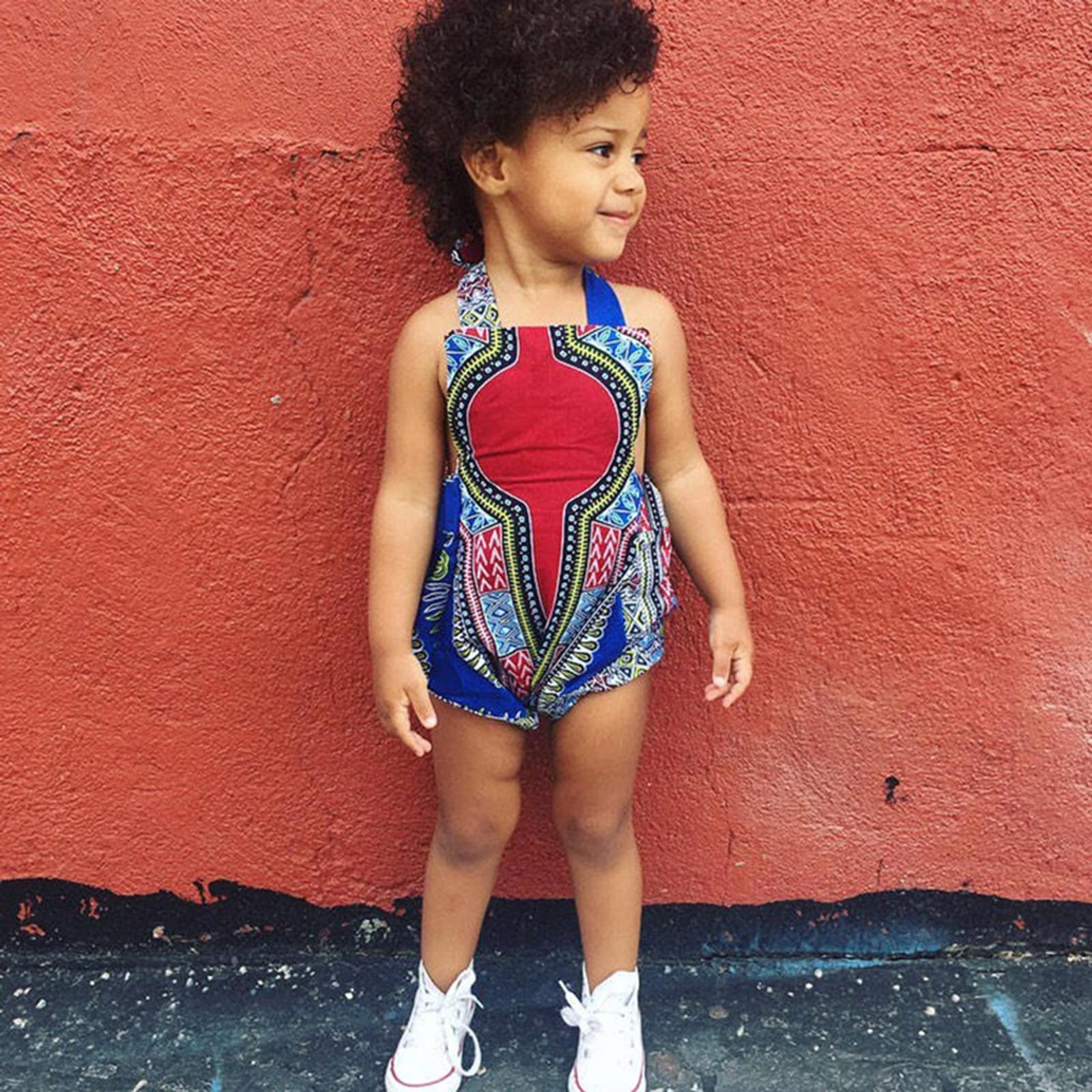 African Ankara Dashiki Baby Girl Romper - Sleeveless Traditional Jumpsuit with Headband | Newborn Spring Outfit in Blue | Perfect for Photoshoots, Christenings & Special Occasions