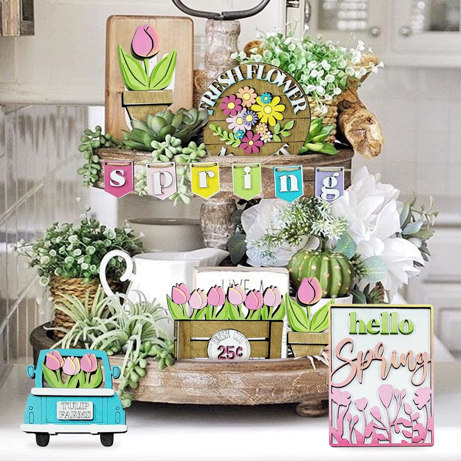 9-Piece Spring Tiered Tray Decor Set - Easter Wooden Sign & Fresh Flower Market Farmhouse Decor - Rustic Mini Spring Home Decorations for Tables, Shelves & Mantels - Multicolor One Size - Perfect for Easter, Mother's Day & Spring Home Styling