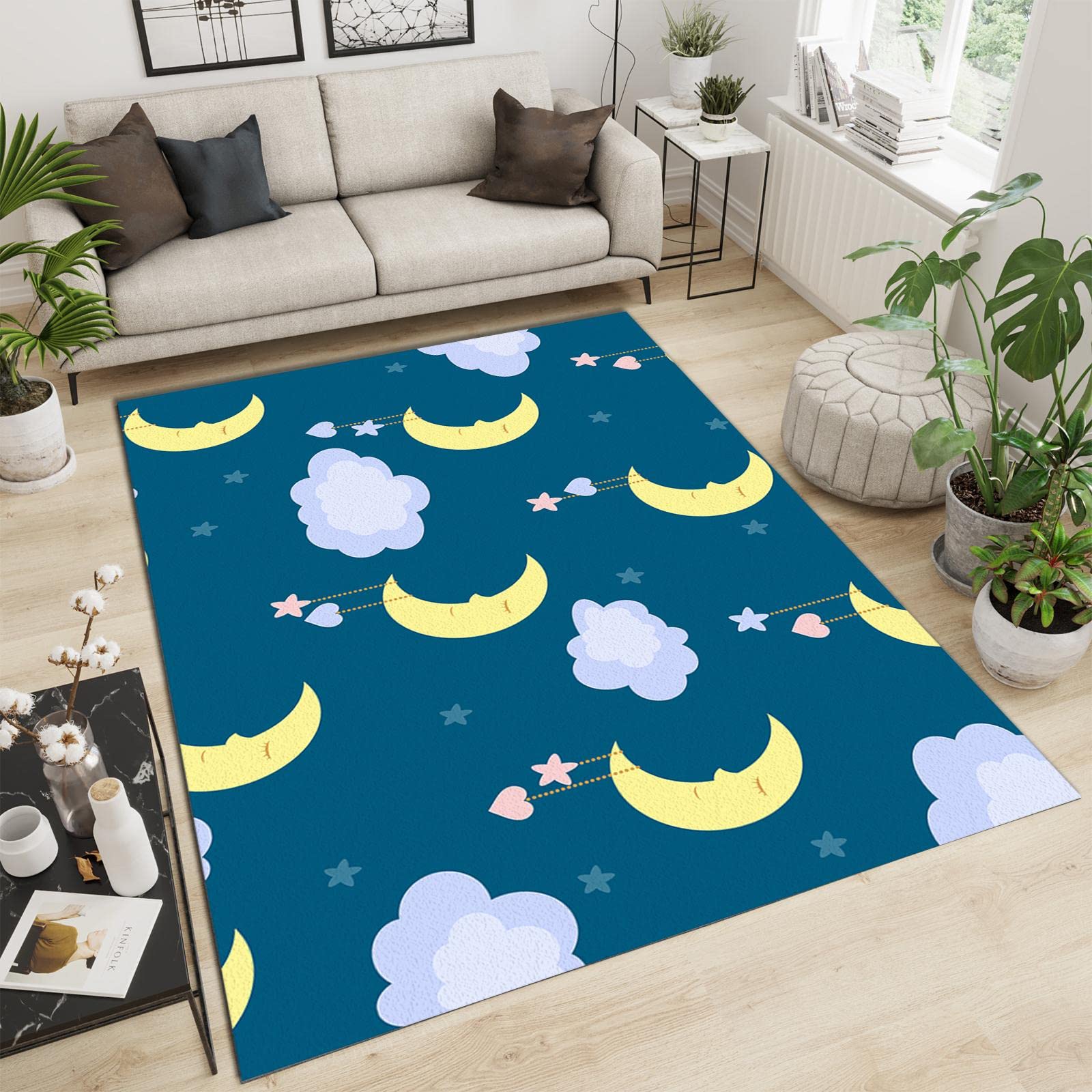 Starry Sky Cartoon Moon & Clouds Area Rug - Soft Washable Non-Slip Kids Carpet 5x7ft for Bedroom, Living Room, Nursery & Playroom - Cozy Floor Decor for Boys & Girls