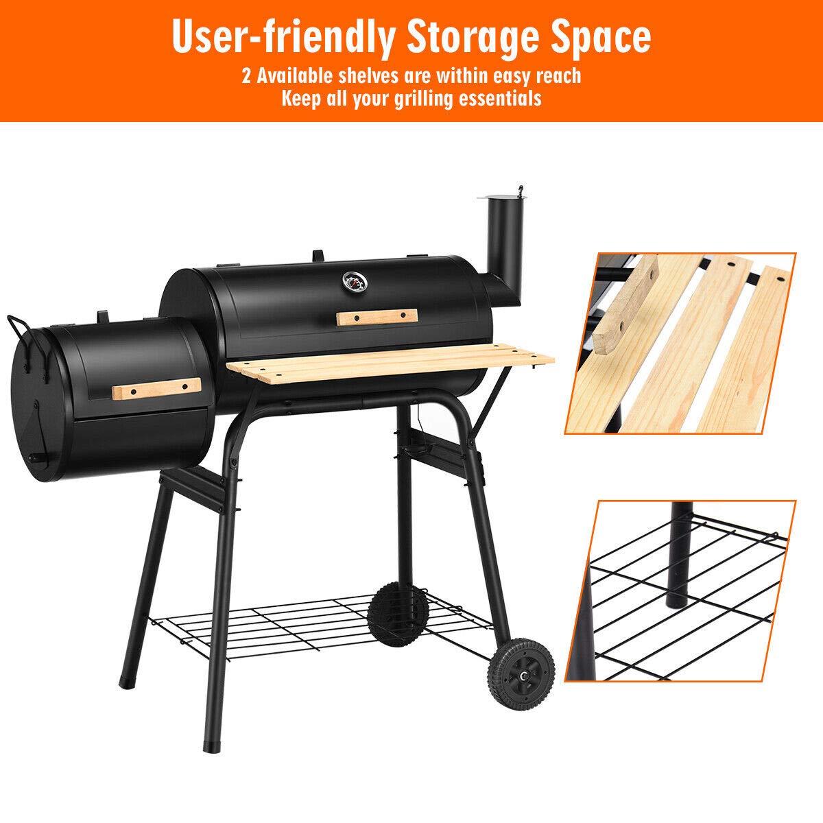 Premium Offset Smoker Grill - Heavy Duty Stainless Steel Charcoal BBQ for Outdoor Cooking, Backyard Patio, Camping & Tailgating