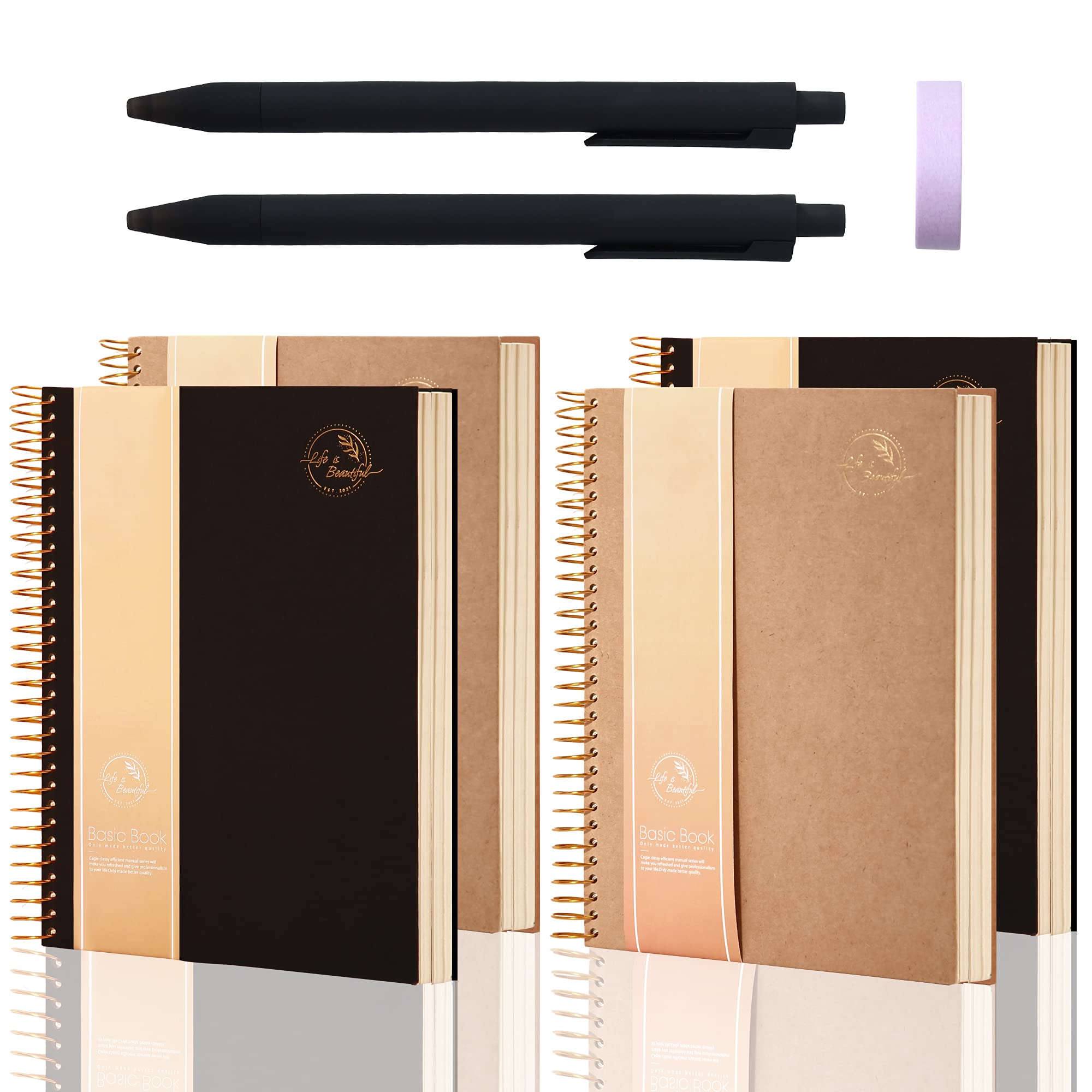 4 Pack Hardcover Spiral Notebooks - 150 Sheets 3 Subject College Ruled Notebooks for Office, School & College - Wire Bound Journal for Note Taking, Writing & Studying (Black & Khaki) - Perfect for Meetings, Lectures & Daily Organization