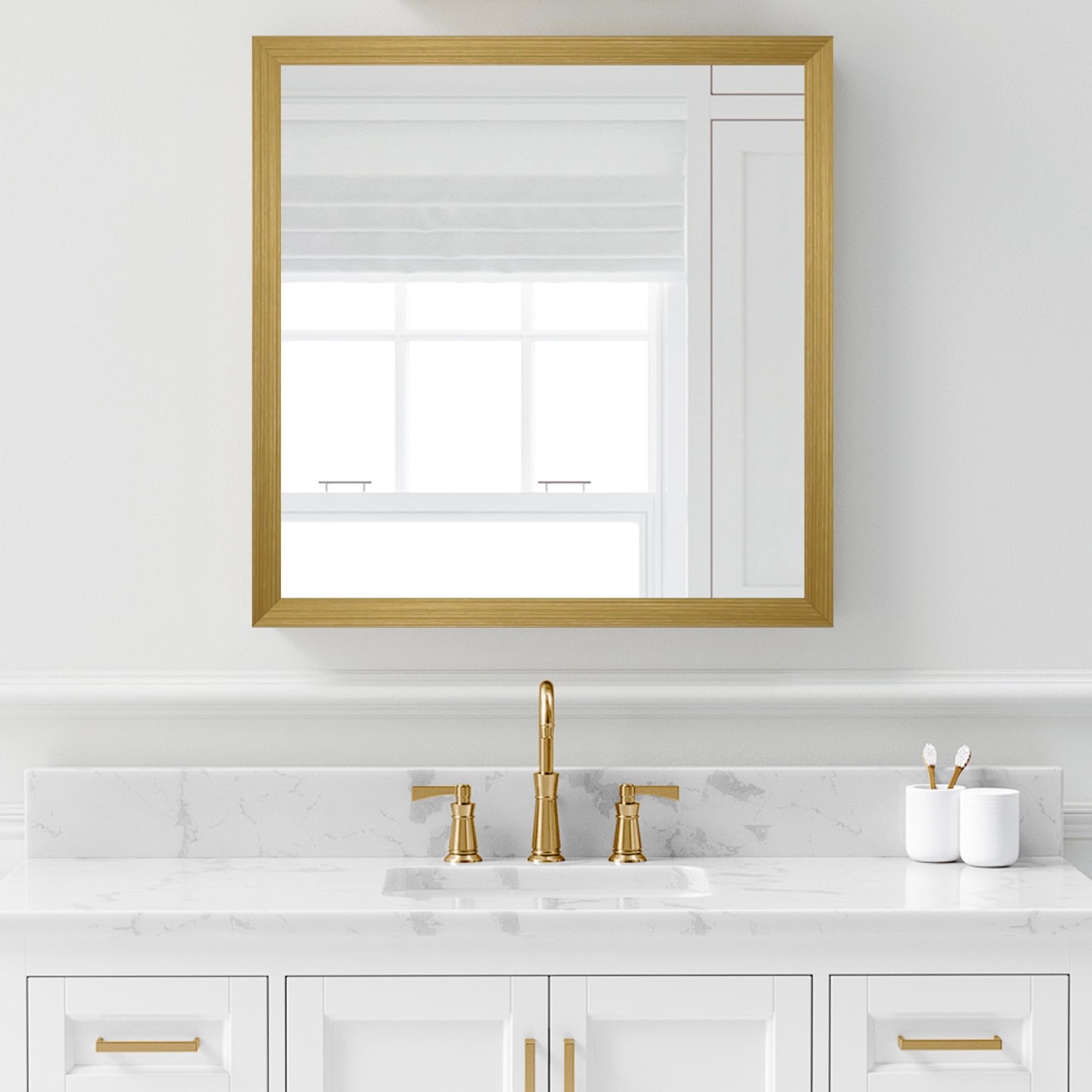 Brushed Gold Peel and Stick Wallpaper Border - PVC Self-Adhesive Removable Contact Paper - Waterproof Mirror Frame Sticker for Bathroom, Kitchen & DIY Home Decor (394''L x 1.97''W) - Perfect for Accent Walls, Cabinet Edging, and Furniture Upgrades