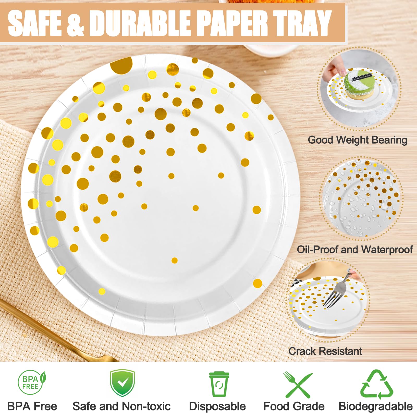 Elegant White and Gold 7-Inch Disposable Dessert Plates (50-Pack) - Gold Dot Party Plates for Birthday, Wedding, Engagement, Anniversary Celebrations - Perfect for Cake Serving, Dessert Tables, and Elegant Party Decorations