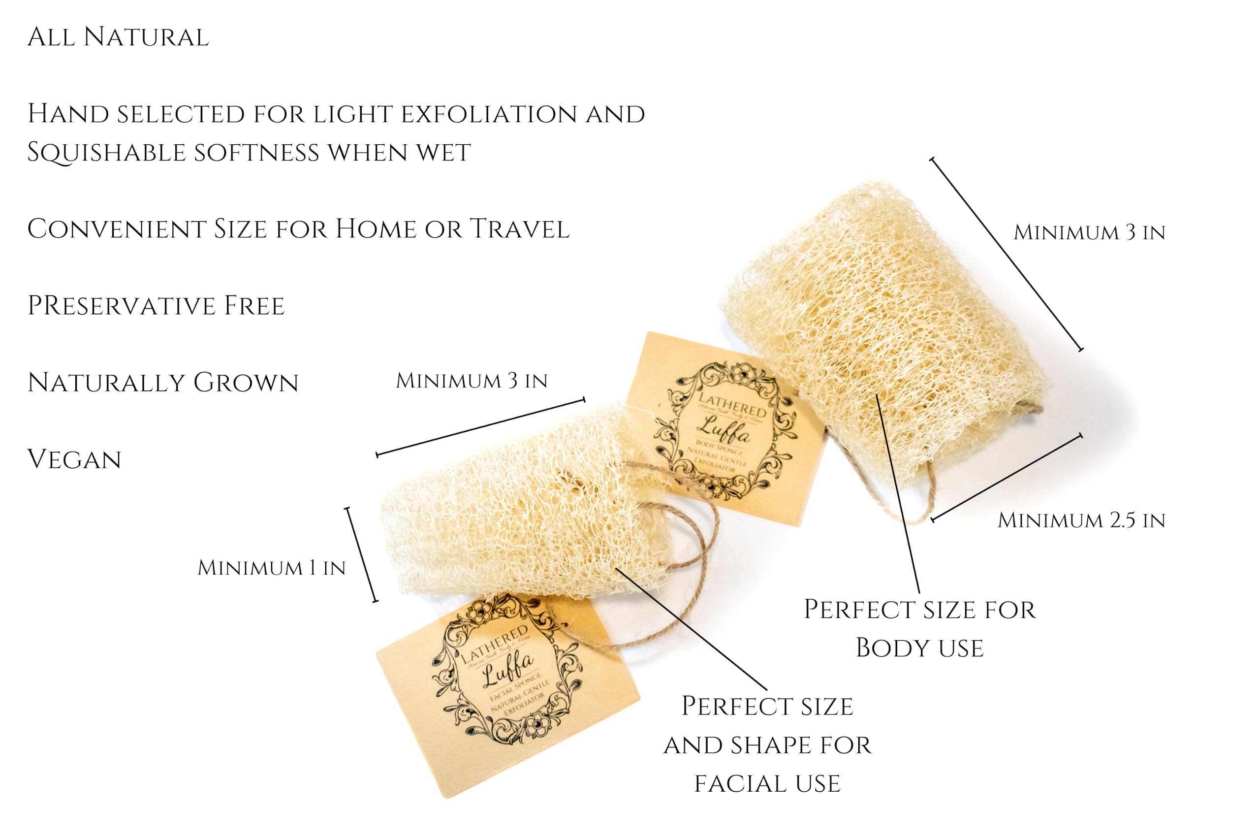 3 Pack Natural Soft Luffa Sponge for Body & Face - Gentle Exfoliating Bath & Shower Loofah by Lathered Artisan | Eco-Friendly Skin Care for Sensitive Skin | Perfect for Daily Cleansing & Spa Days