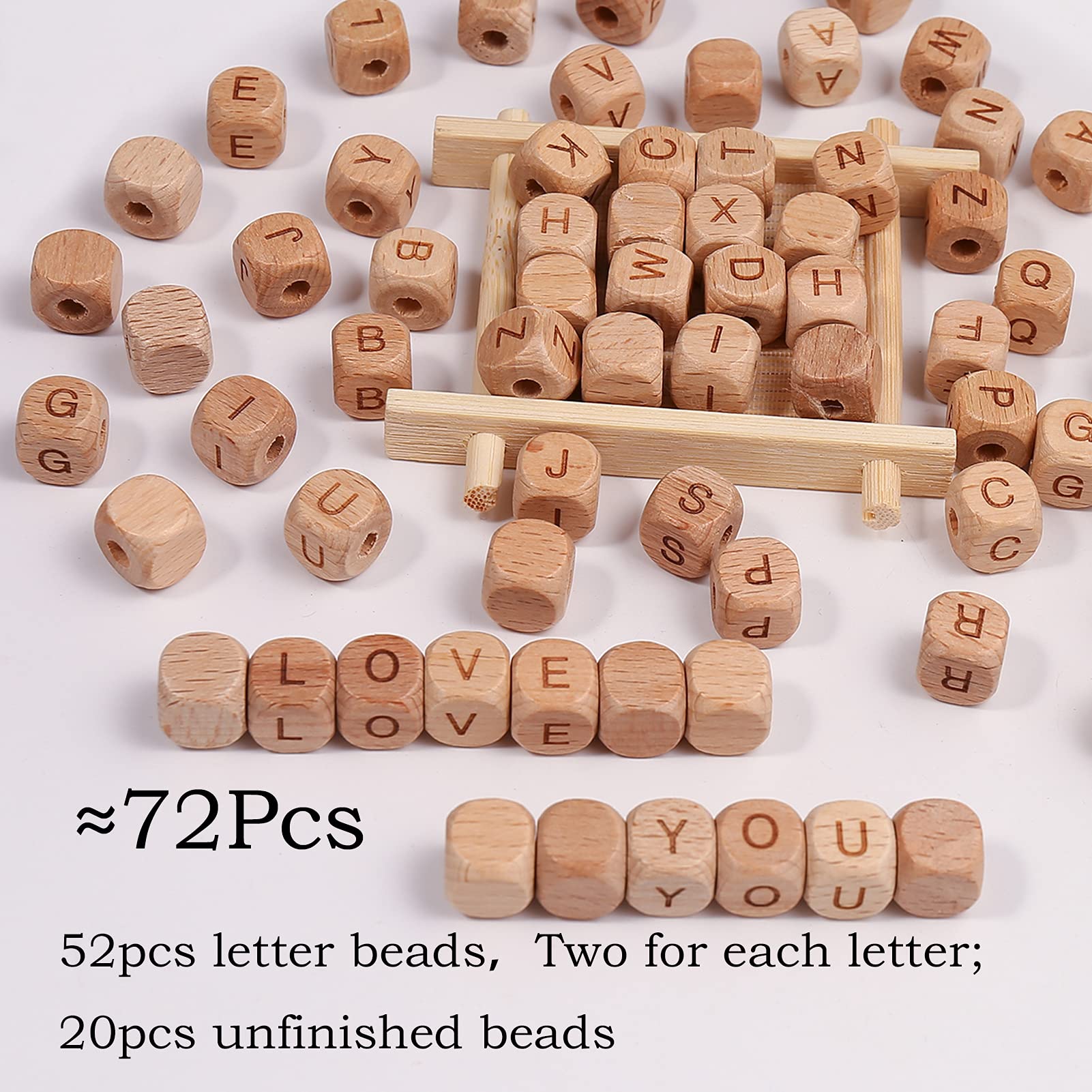 Wooden Alphabet Beads for DIY Crafts - 72Pcs Square Wood Beads with Letters for Jewelry Making, Bracelets, Keychains & Home Decorations - Perfect for Handmade Gifts and Scrapbooking Projects