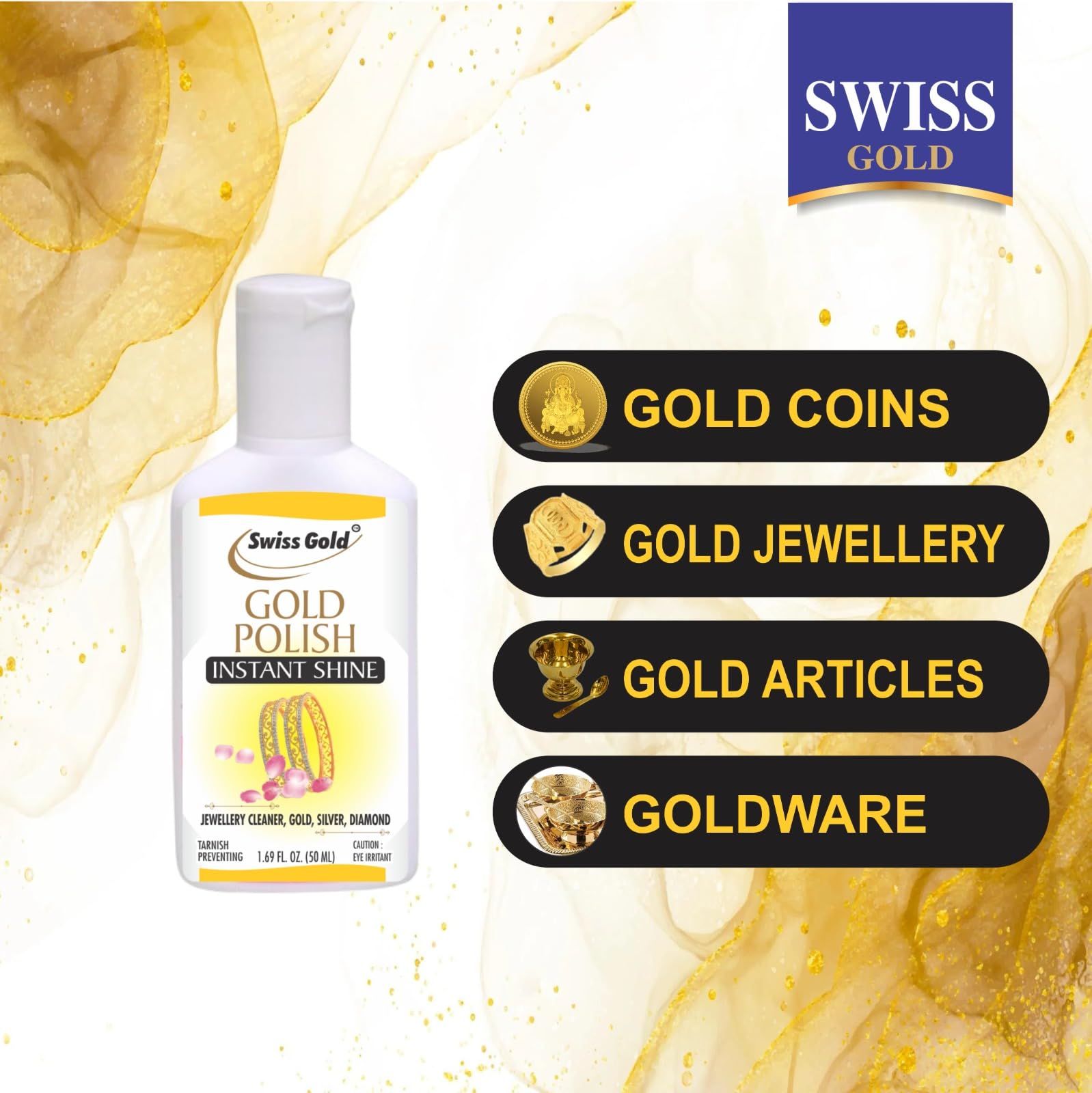SWISS GOLD Instant Jewelry Cleaner & Polishing Solution - Removes Tarnish from Gold, Diamond & Gemstone Jewelry | Fast Shine Restoration | Perfect for Rings, Necklaces, Earrings & Watches | Safe for Daily Cleaning & Special Occasion Preparation