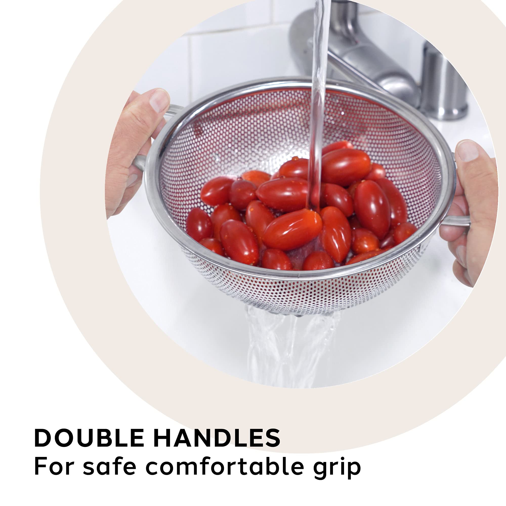 OGGI 2-Quart Stainless Steel Colander with Precision Perforations - Fast Draining, Large Capacity & Rust Resistant - Perfect for Pasta, Rice, Beans, Fruits, Vegetables & Salads - Ideal for Kitchen, Cooking, Meal Prep & Healthy Eating