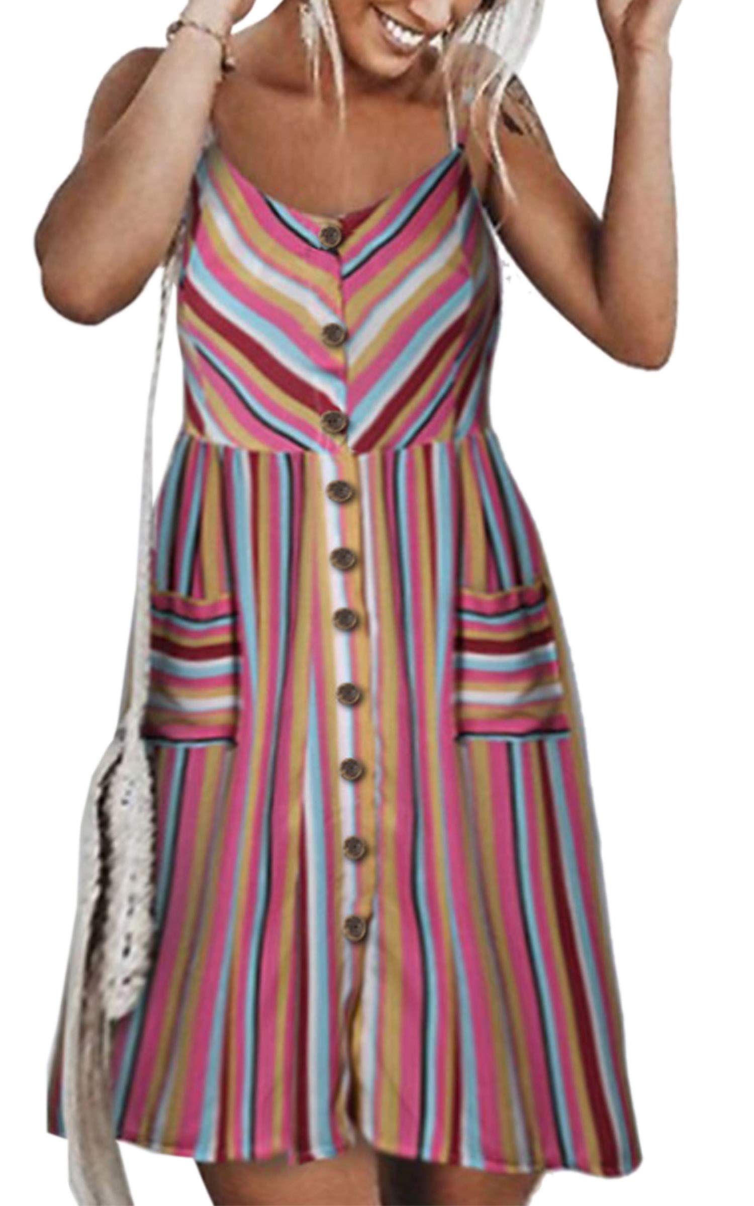 Angashion Women's Summer Floral Bohemian Spaghetti Strap Button Down Swing Midi Dress - Casual Beach Dress for Vacation, Party & Date Night