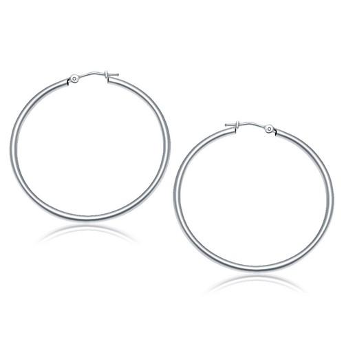 14K White Gold Polished Hoop Earrings - 40mm Diamond-Cut Hoops for Women | Elegant Everyday Jewelry & Special Occasion Gift