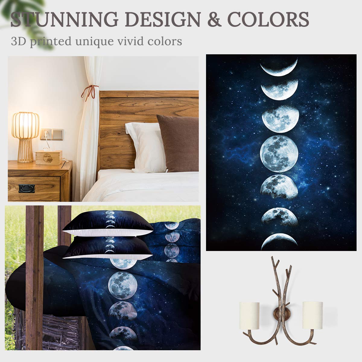 Sleepwish Dark Blue Celestial Reversible Comforter Set - Twin Size Space Universe Bedding with Lunar Eclipse & Galaxy Stars Design, Includes 2 Pillow Shams & 1 Cushion Cover | Perfect for Kids Room, Teen Bedroom & Astronomy Lovers Decor