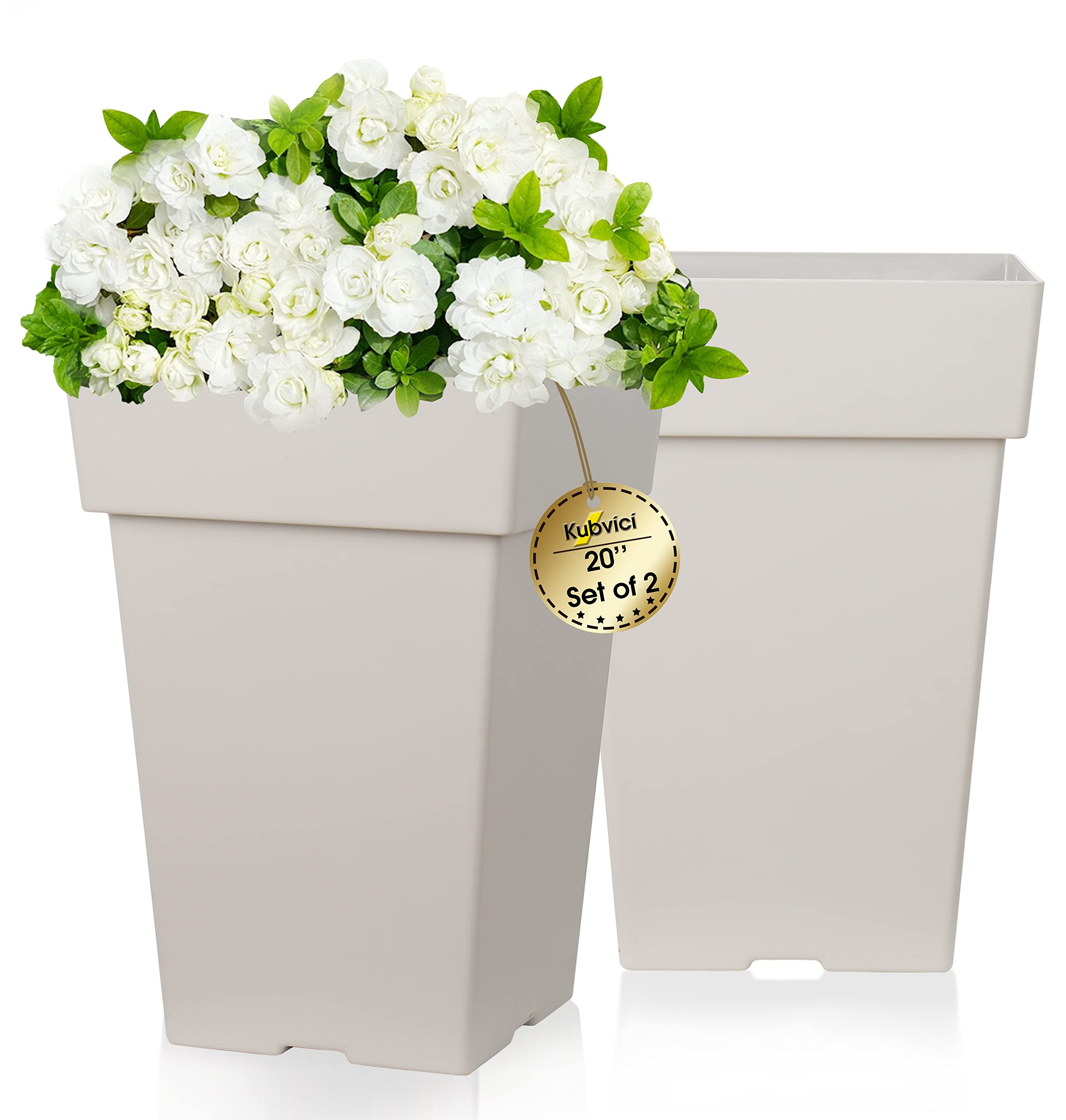 Kubvici 20 Inch Tall Plastic Planter Pots Set of 2 - Large Rectangle Flower Planters with Drainage Holes for Indoor Outdoor Plants - Perfect for Front Porch, Garden, Balcony, Deck & Backyard Decor - Light Grey 20
