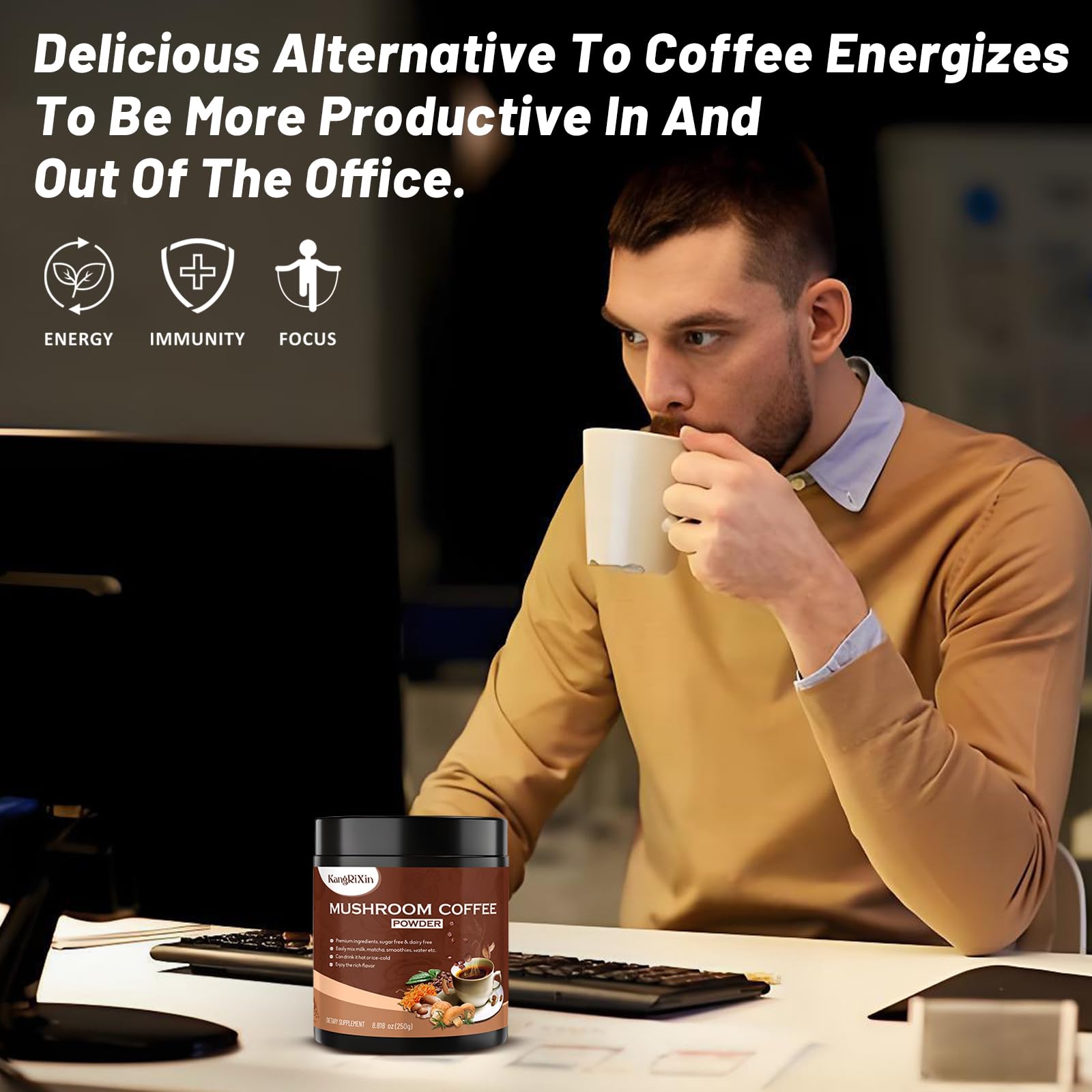 Organic Mushroom Coffee Powder with Lion's Mane, Reishi, Cordyceps & Shiitake - Immune Support & Focus Booster | Instant Mushroom Coffee Supplement | 50 Servings | Perfect for Busy Mornings & Workouts