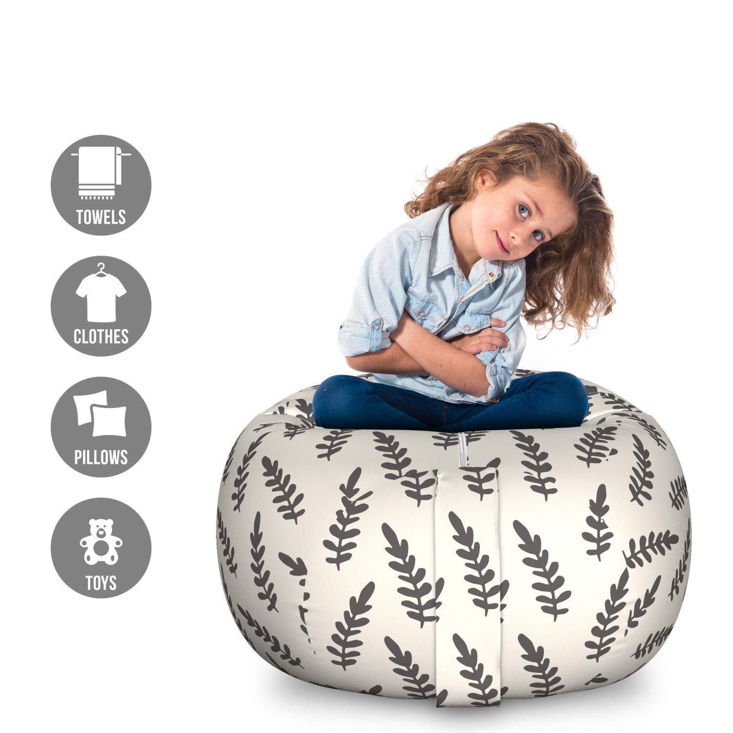 Ambesonne Large Washable Toy Storage Bag Chair with Classic Nature Foliage Pattern - Botanical Branches Design in Mauve Taupe & Eggshell - Perfect for Kids' Room, Nursery or Playroom Organization