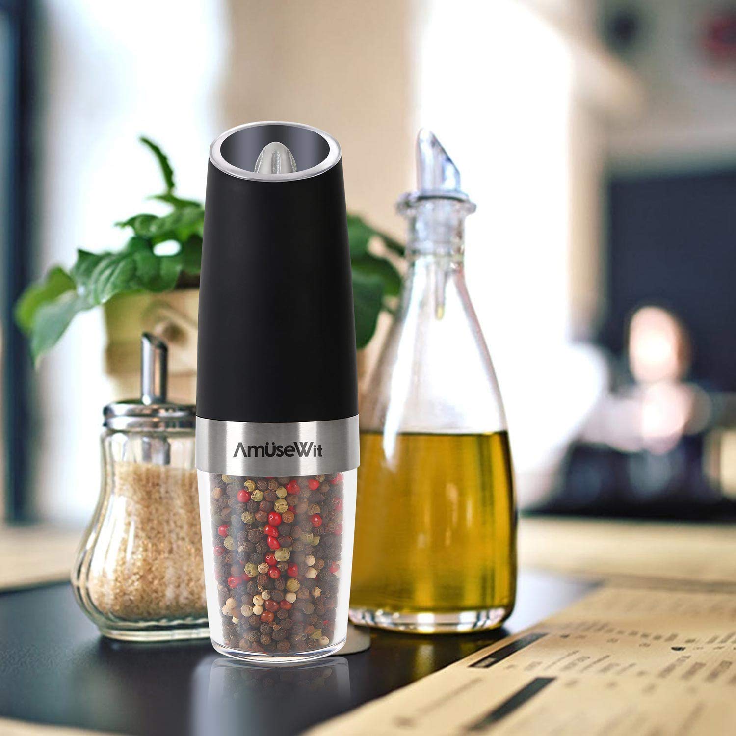 AmuseWit 6-Piece Gravity Electric Salt and Pepper Grinder Set - Battery Powered Automatic Salt & Pepper Mill with LED Light, Adjustable Coarseness, One-Hand Operation & Cleaning Brush - Perfect for Kitchen, Dining Table, Camping & Gifts
