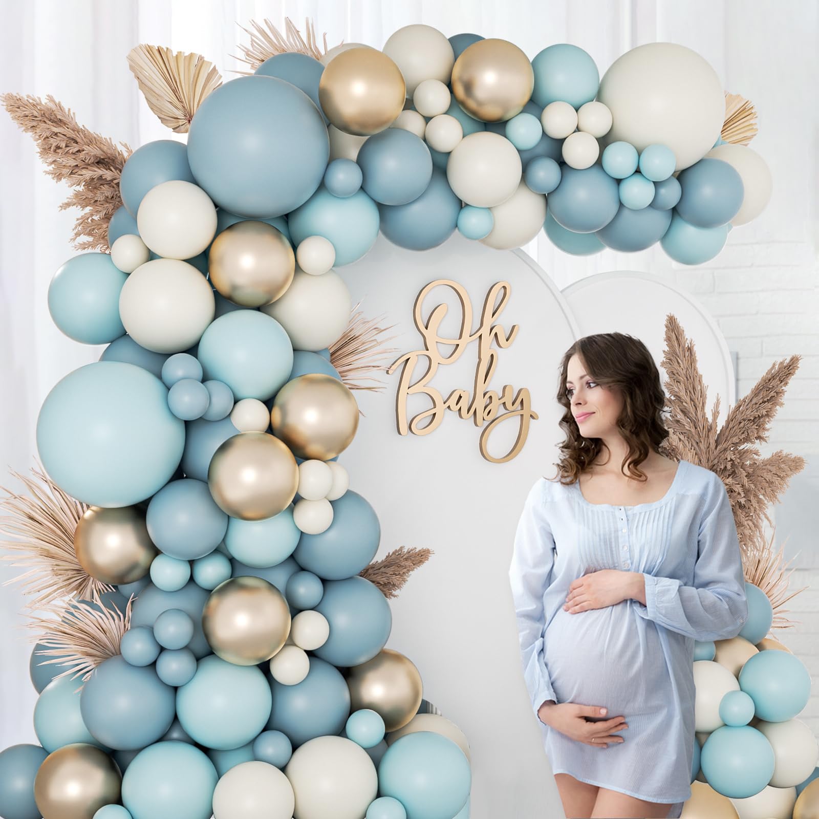 138Pcs Dusty Blue Balloons Arch Garland Kit - Baby Blue, Sand White & Metallic Gold Balloons for Bridal Shower, Gender Reveal, Birthday & Baby Shower Decorations - Perfect for Party Backdrops, Photo Booths & Wedding Centerpieces