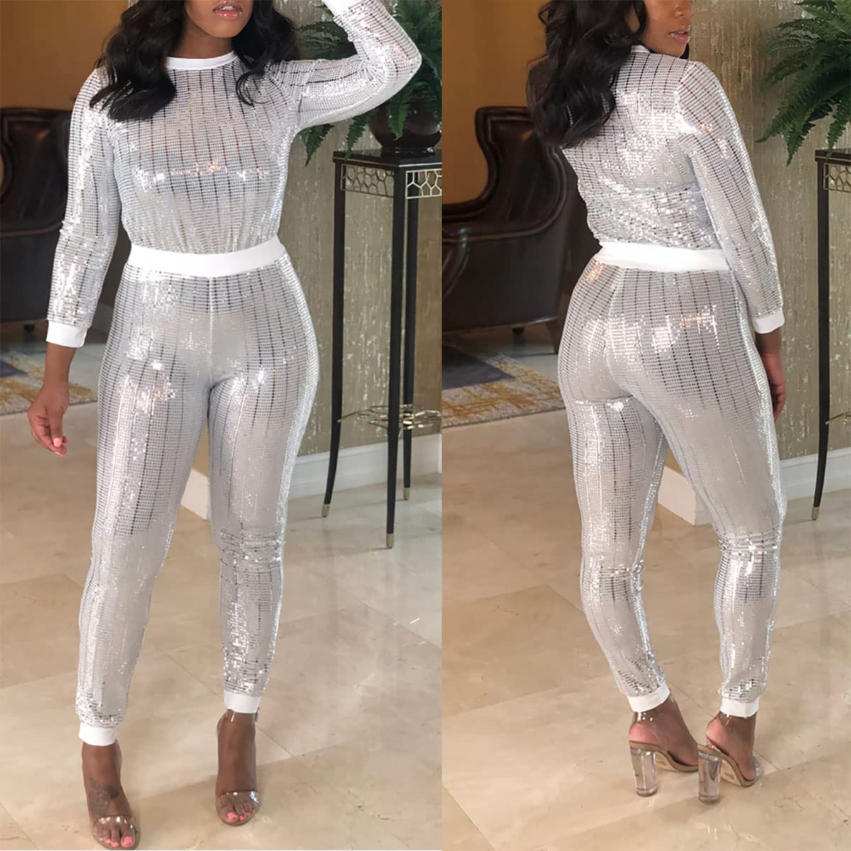 WOKANSE Women's Sequin Glitter Long Sleeve Sweatshirt & Skinny Pants 2-Piece Outfit Set - Casual Party Wear for Christmas, New Year, and Night Out