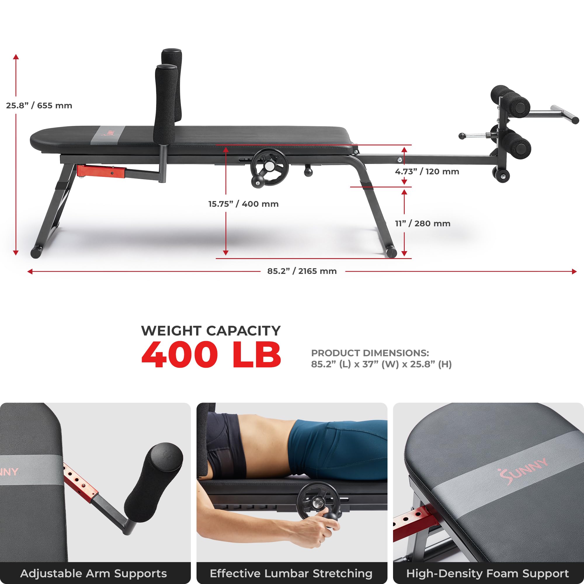 Sunny Health & Fitness Full Body Inversion Table - Lumbar Stretching & Back Pain Relief Machine for Spinal Decompression, Posture Correction, Flexibility Training & Rehab Therapy - Perfect for Home Gym, Physical Therapy & Chiropractic Care