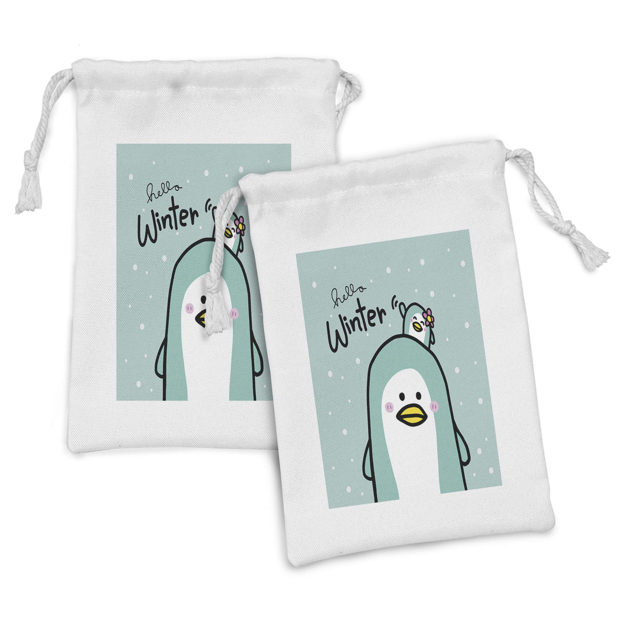 Ambesonne Winter Fabric Pouch Set of 2 - Pastel Lettering Mom & Penguins Snow Design - Small Drawstring Bags for Toiletries, Masks, Favors (9