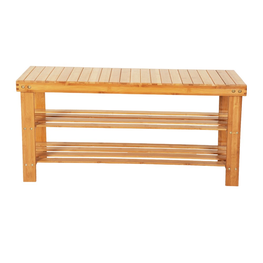 3-Tier Bamboo Shoe Rack Bench with Strip Pattern - Entryway Shoe Organizer & Storage Shelf for Hallway, Bathroom, Living Room & Corridor - Space-Saving Natural Wood Shoe Storage Solution for Small Apartments and Closet Organization