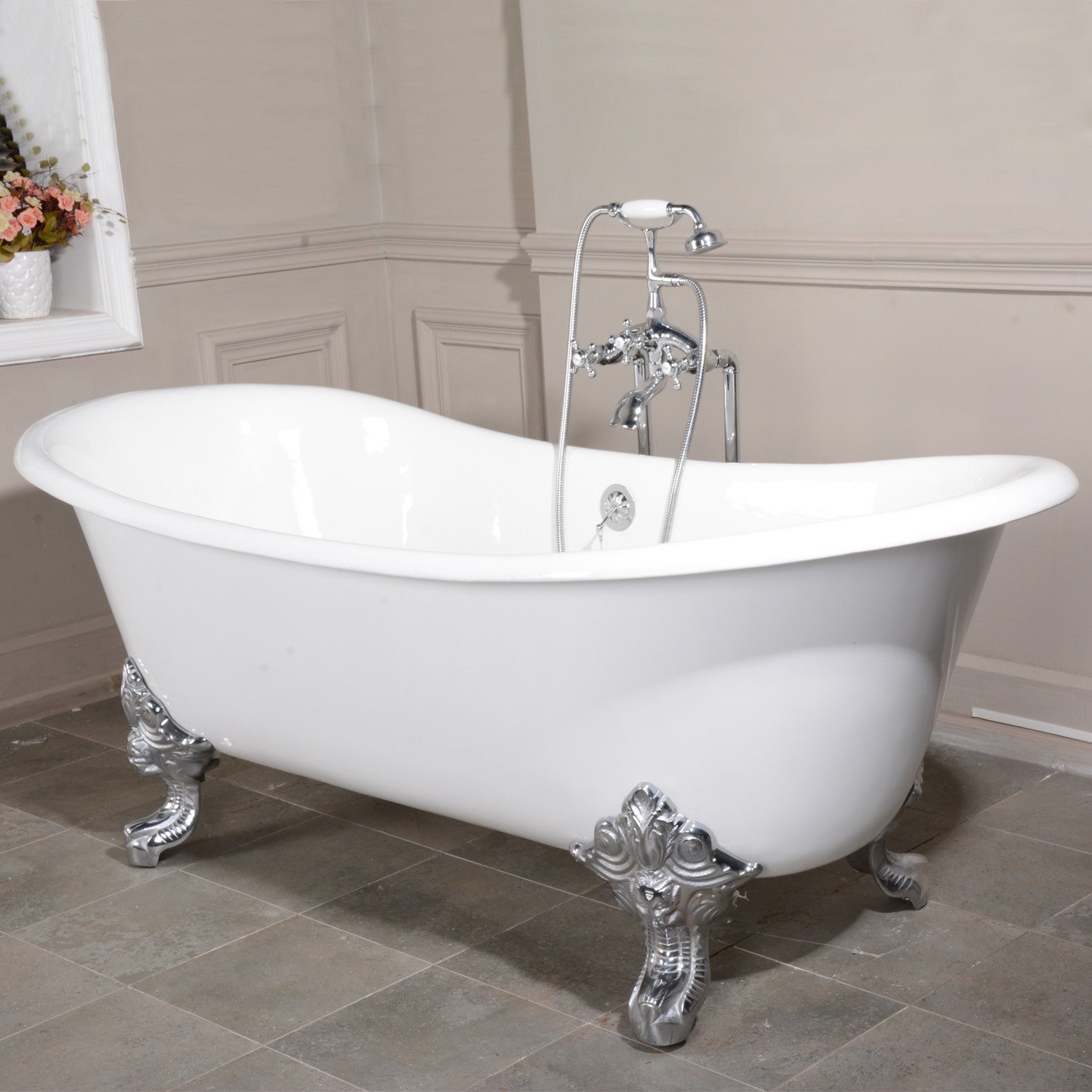 Aqua Eden 72 Inch White Cast Iron Oval Double Slipper Clawfoot Bathtub - No Faucet Drillings, Polished Chrome Finish | Vintage Luxury Soaking Tub for Master Bathroom & Spa Retreat