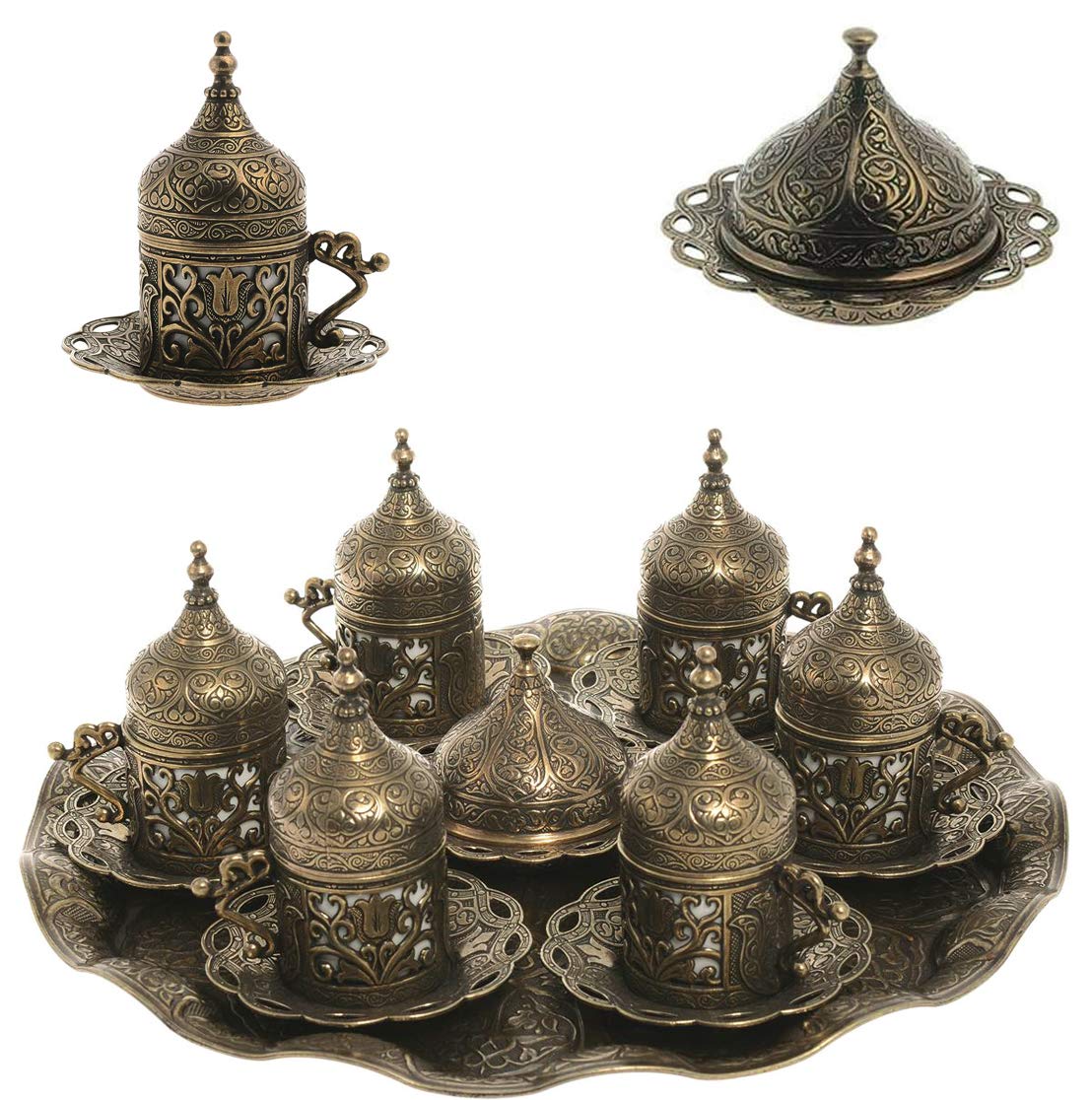 Authentic Green 6-Piece Turkish Espresso Coffee Cup Set with Saucers & Lids - Traditional Ottoman Tulip Motif (Lale) - Perfect for Home, Cafe & Gift Giving - Multiple Color Options Available