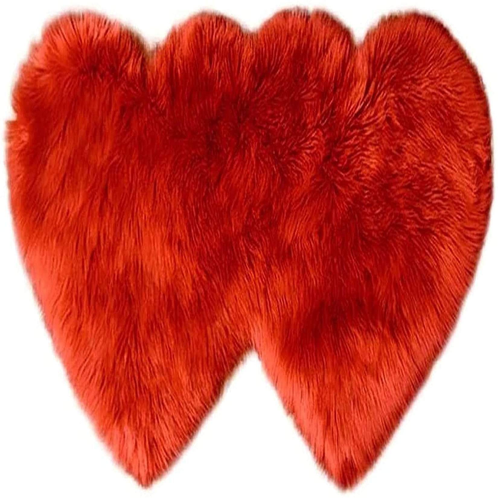 Modern Fluffy Faux Fur Area Rug - 2'x4' Anti-Skid Double Heart Shaggy Plush Carpet for Kids Bedroom, Nursery & Playroom - Soft Fuzzy Floor Mat (Red, 35x70cm/14