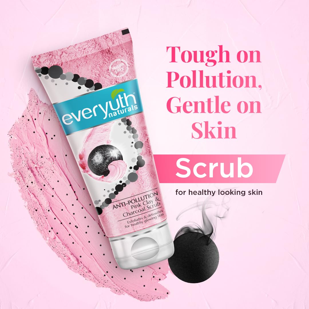 Everyuth Naturals Anti-Pollution Pink Clay & Charcoal Face Scrub 50g - Deep Cleansing & Exfoliating for Glowing Skin - Perfect for Daily Skincare Routine & Pollution Protection