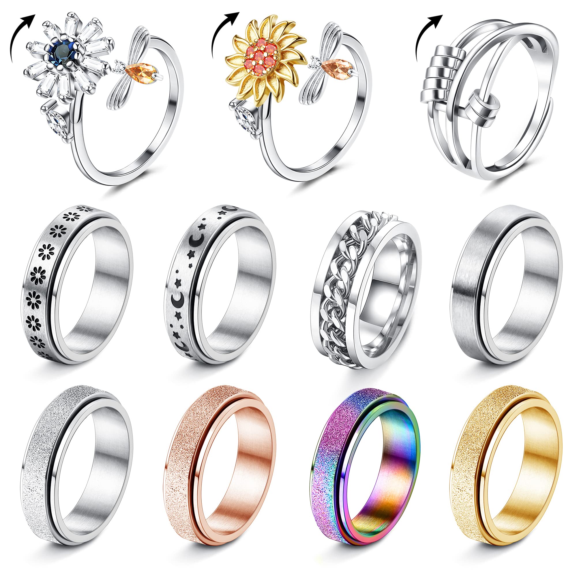 LOYALLOOK 11Pcs Anti-Anxiety Rings - Stress Relief Spinner Rings for Women & Men - Office & Travel Use