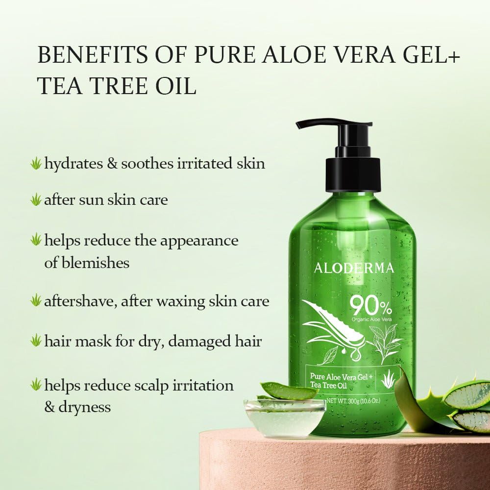Aloderma Organic Aloe Vera Gel with Tea Tree Oil - Freshly Harvested Within 12 Hours, Soothing Pure Aloe Gel for Face, Scalp & Aftershave Care - All Natural Skin Moisturizer (300ml x 6 Bottles) - Perfect for Sunburn Relief, Daily Skincare & Hair Hydration