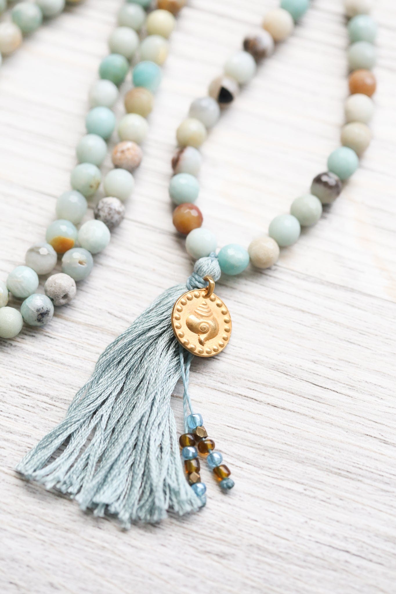 Auspicious Shell Amazonite Mala Beads - 108 Natural Gemstone Meditation Prayer Necklace for Yoga, Mindfulness & Spiritual Healing