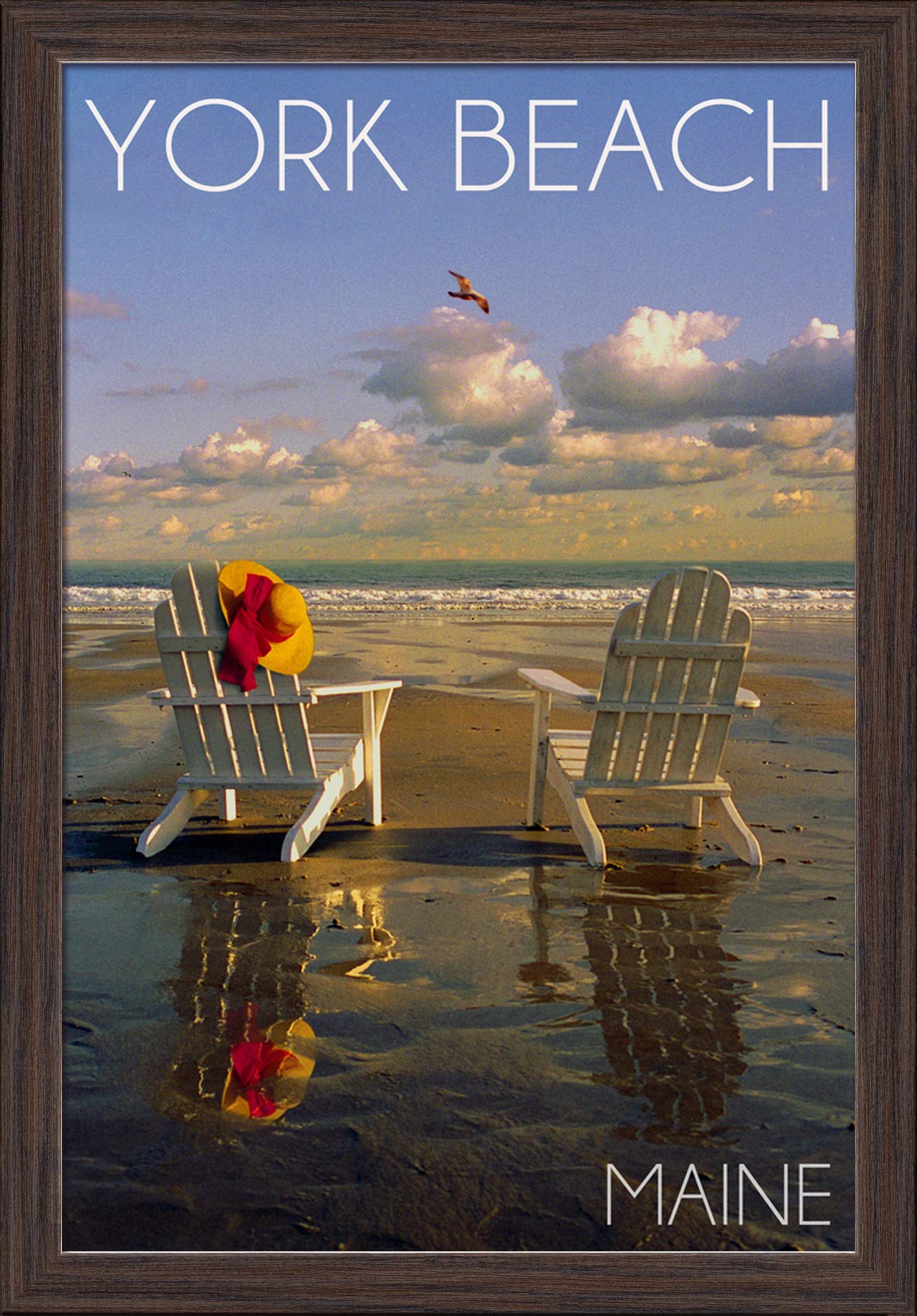 York Beach Maine Adirondack Chairs & Ocean View - 16x24 Giclee Fine Art Print with Recycled Wood Frame in Espresso Brown - Perfect for Coastal Home Decor & Beach House Wall Art